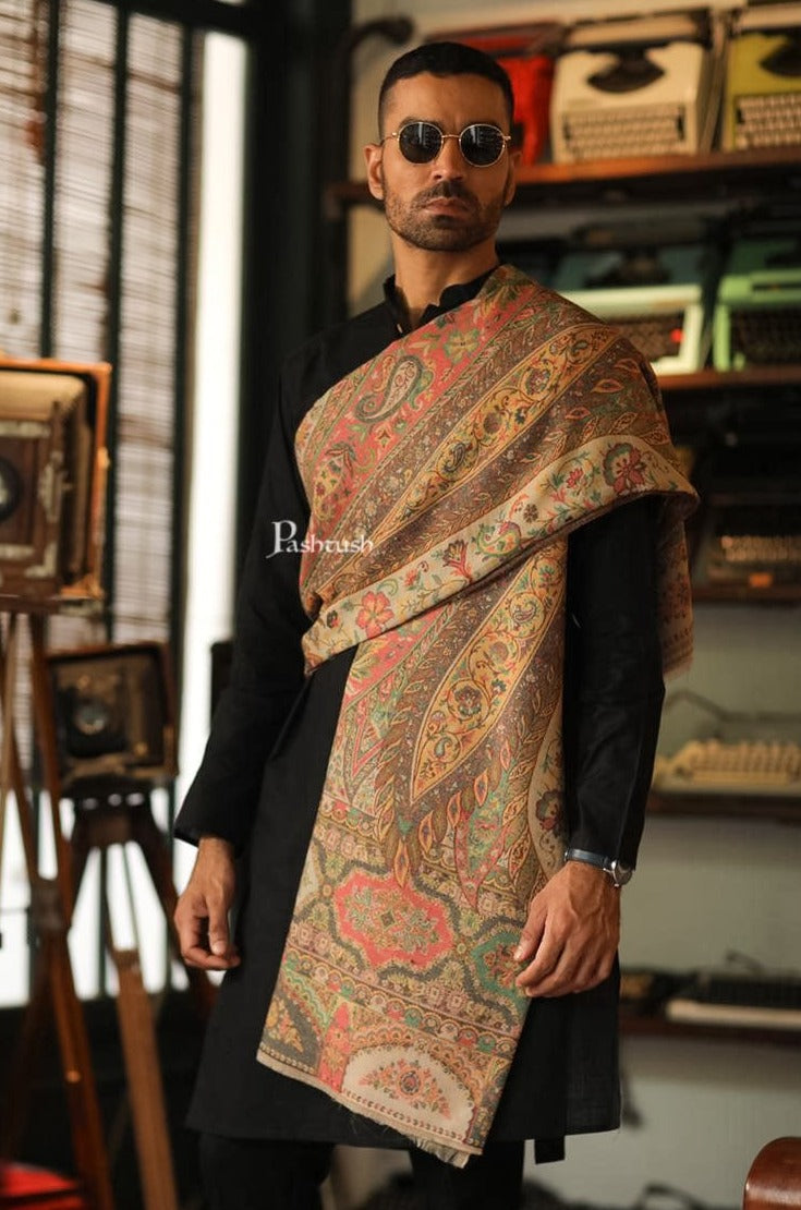 Pashtush India Mens Shawls Gents Shawl Pashtush Mens Extra Fine Wool Shawl, Paisley Weave Design, Beige