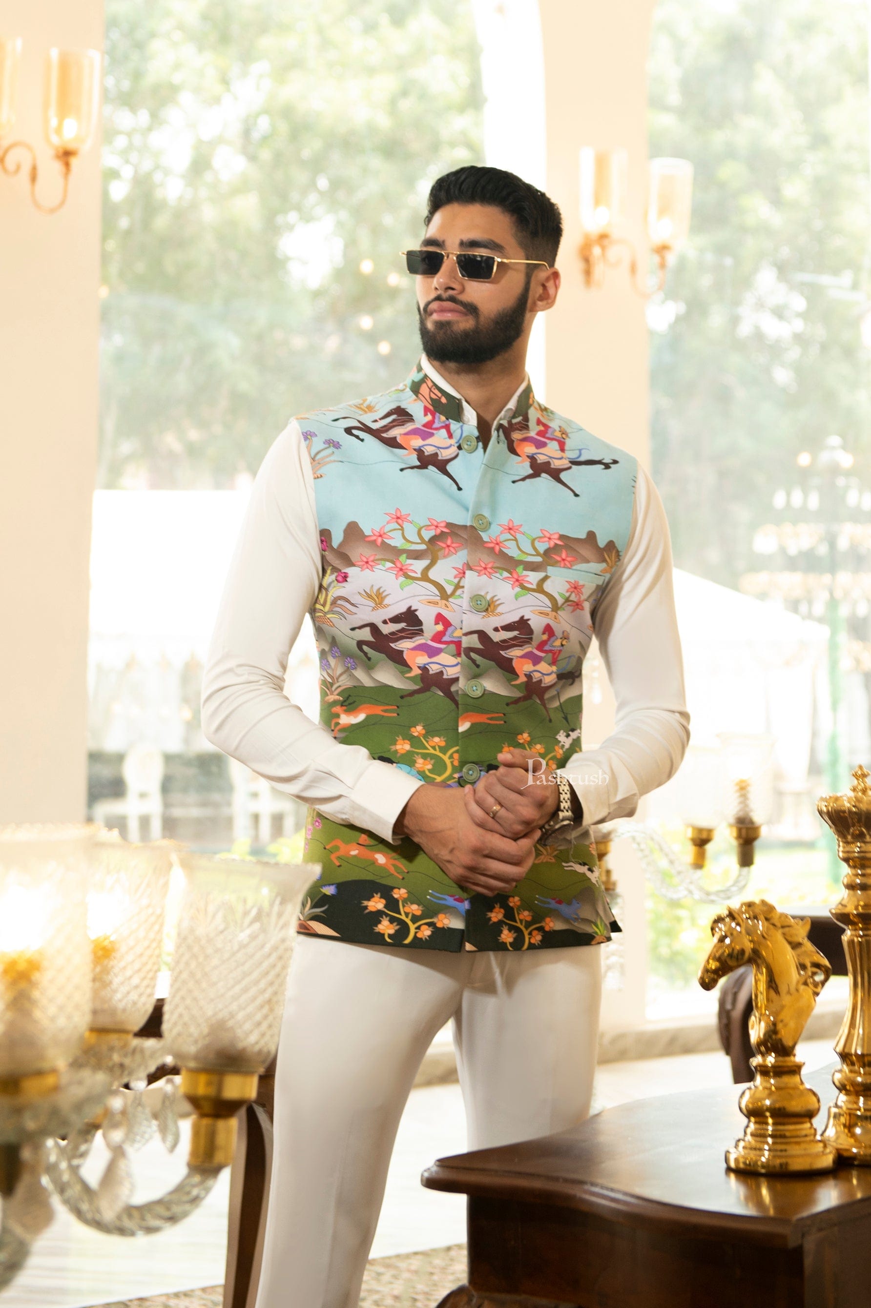 Pashtush Mens Shikaardar Waistcoat, Pastel Hues, Printed in