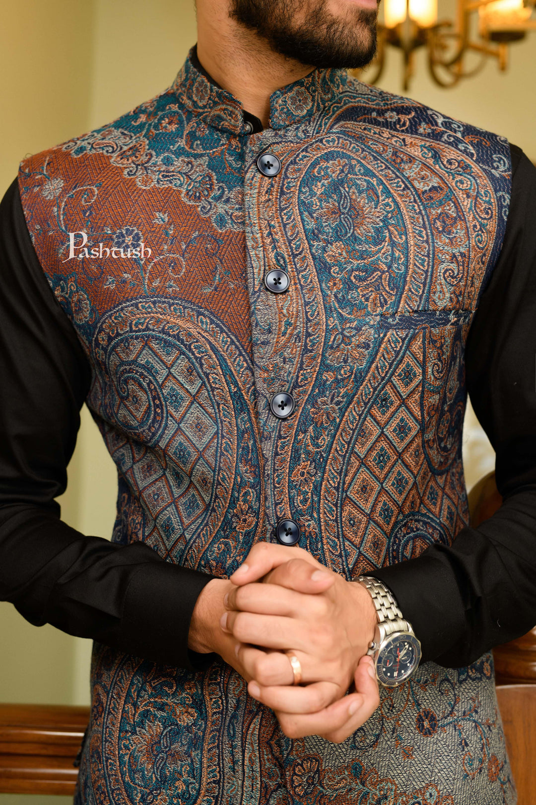 Pashtush India Coats & Jackets Pashtush Mens Woven Jacquard Structured Waistcoat, Slim Fit, Navy Blue