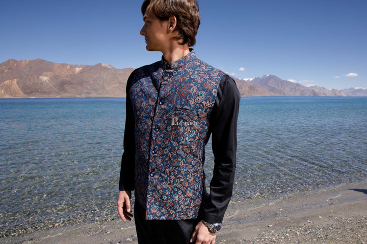 Pashtush India Coats & Jackets Pashtush Mens Woven Jacquard Waistcoat, Structured Slim Fit, Navy Blue