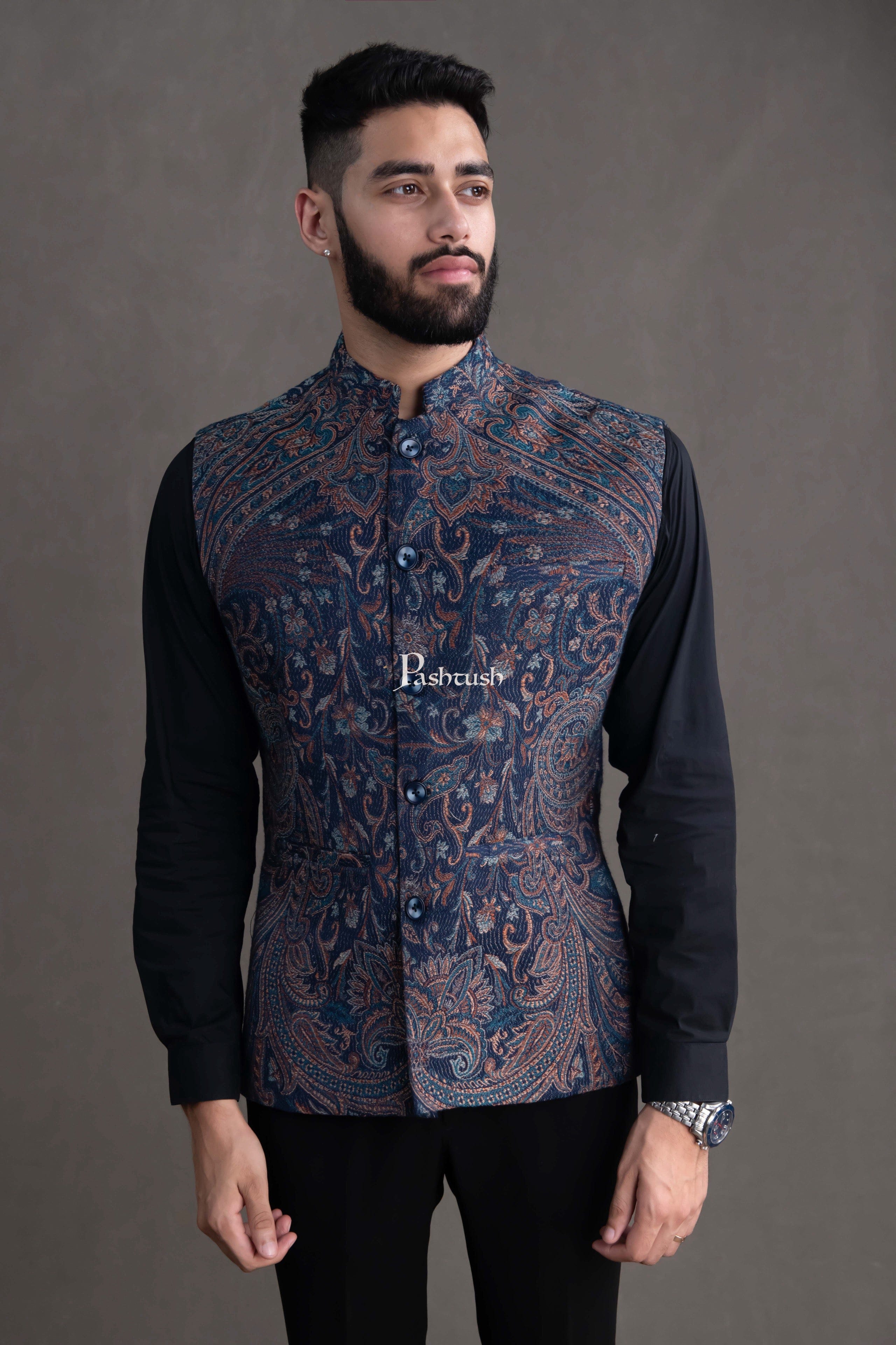 PASHTUSH MENS WOVEN JACQUARD WAISTCOAT, STRUCTURED SLIM FIT, NAVY BLUE