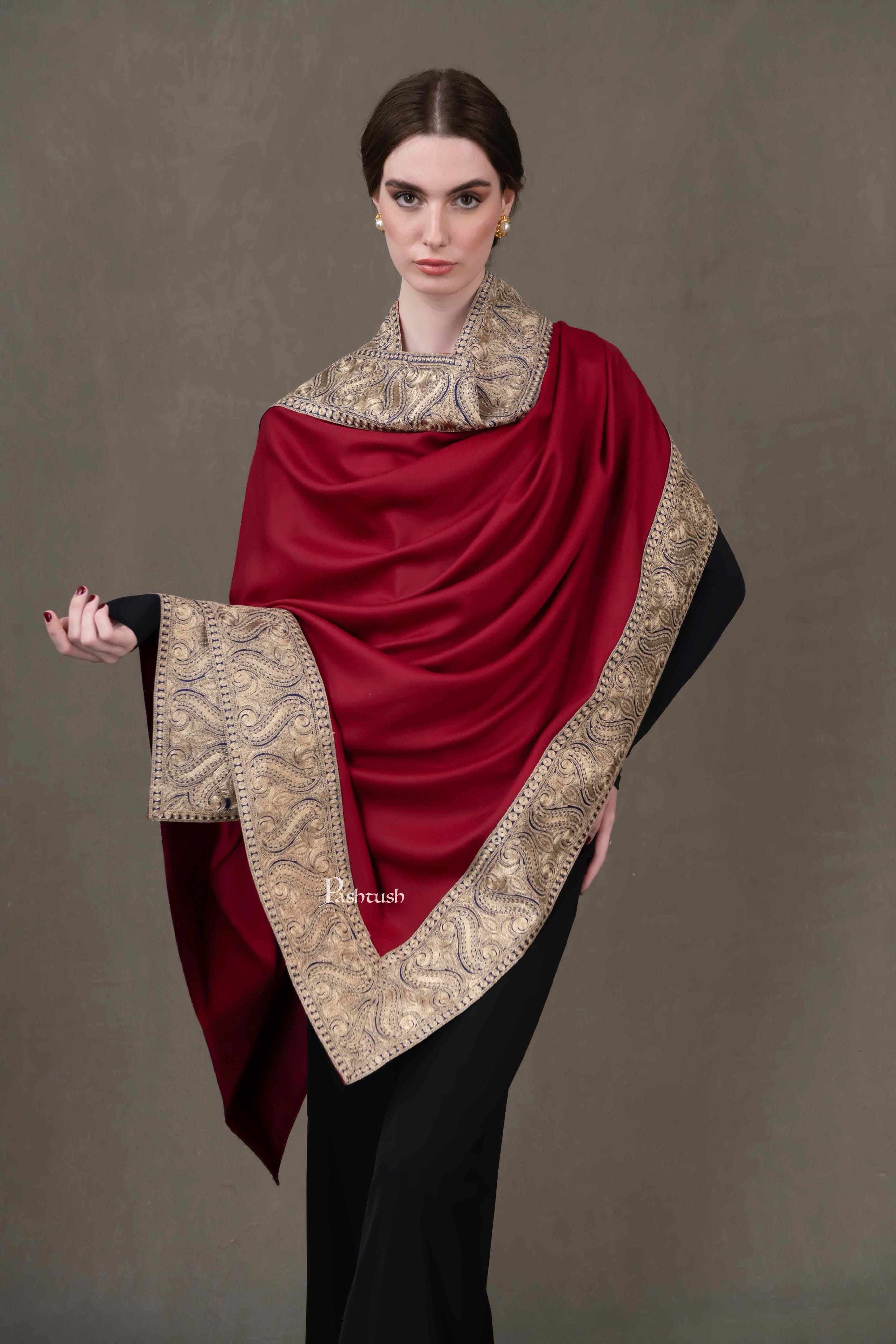 Pashtush Womens 100 Pure Wool Shawl, Metallic Tilla Embroidery, Borde