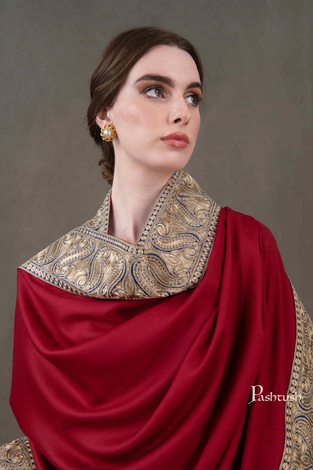 Pashtush India Womens Shawls Pashtush Womens Extra Fine Wool Shawl, Metallic Tilla Embroidery, Border Design, Maroon