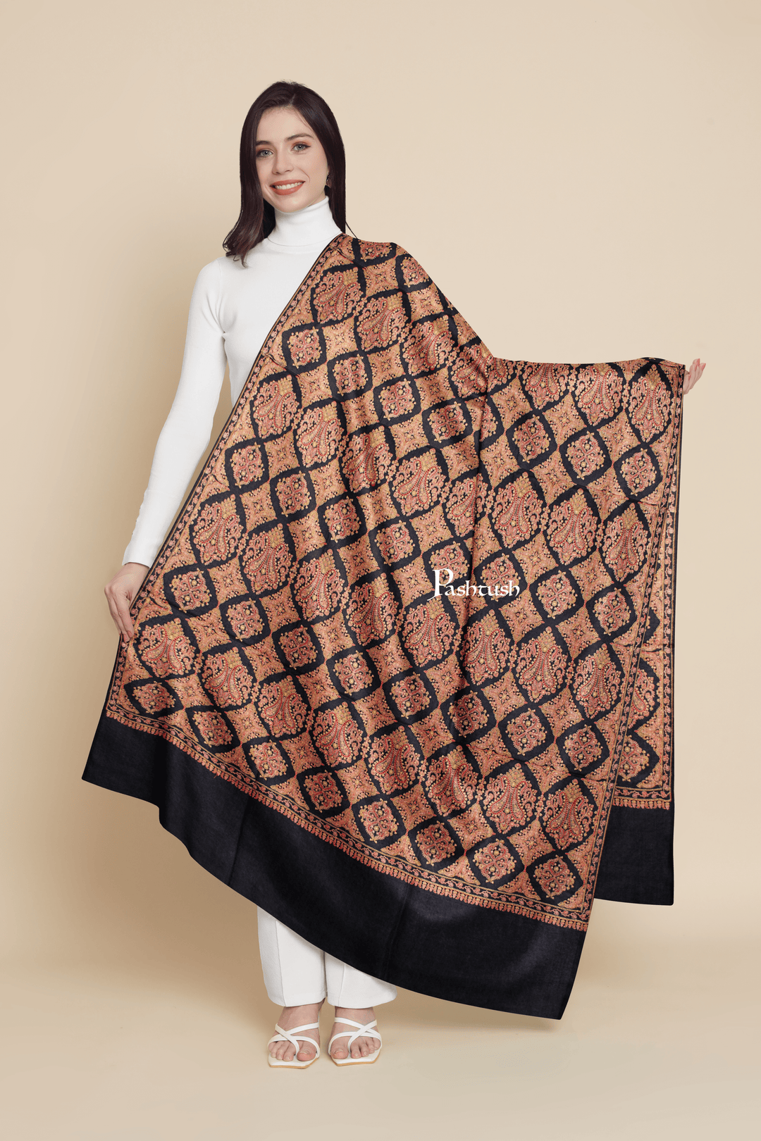 Pashtush India Womens Shawls Pashtush Womens Extra Fine Wool Shawl, Silky Embroidery Kashmiri Jaal Design, Black