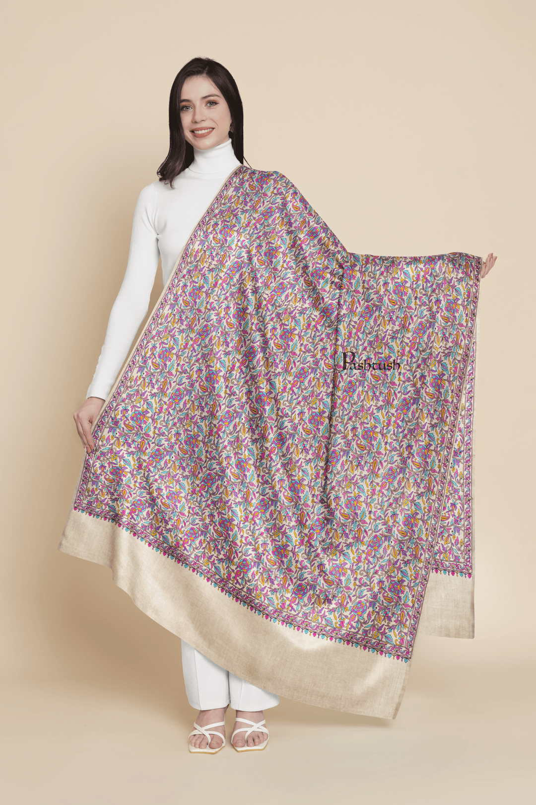 Pashtush India Womens Shawls Pashtush Womens Extra Fine Wool Shawl, Silky Embroidery Kashmiri Jaal Design, Light Beige