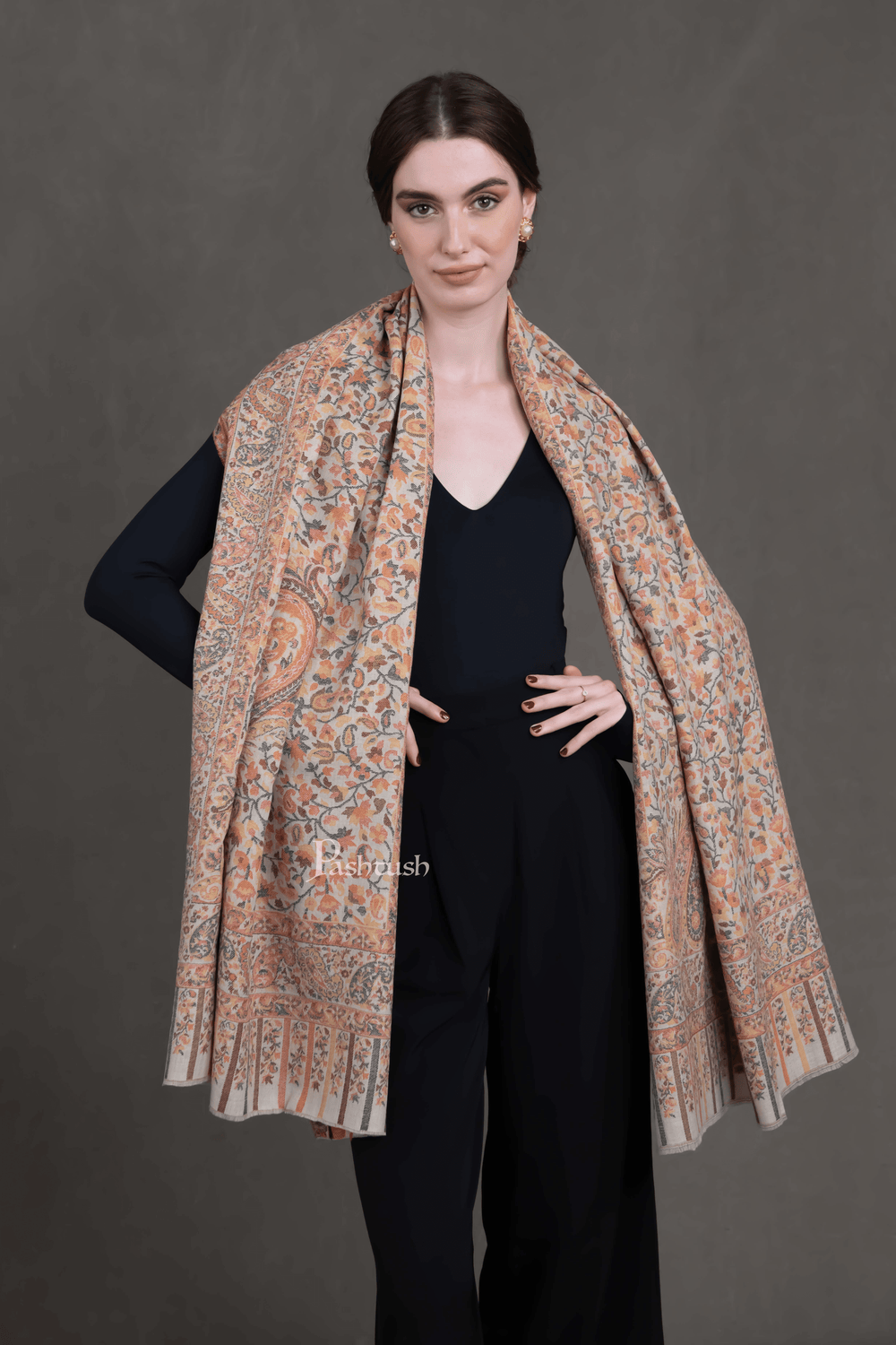 Pashtush India Womens Stoles and Scarves Scarf Pashtush Womens Extra Fine Wool Stole, Ethnic Weave Woven Design, Beige