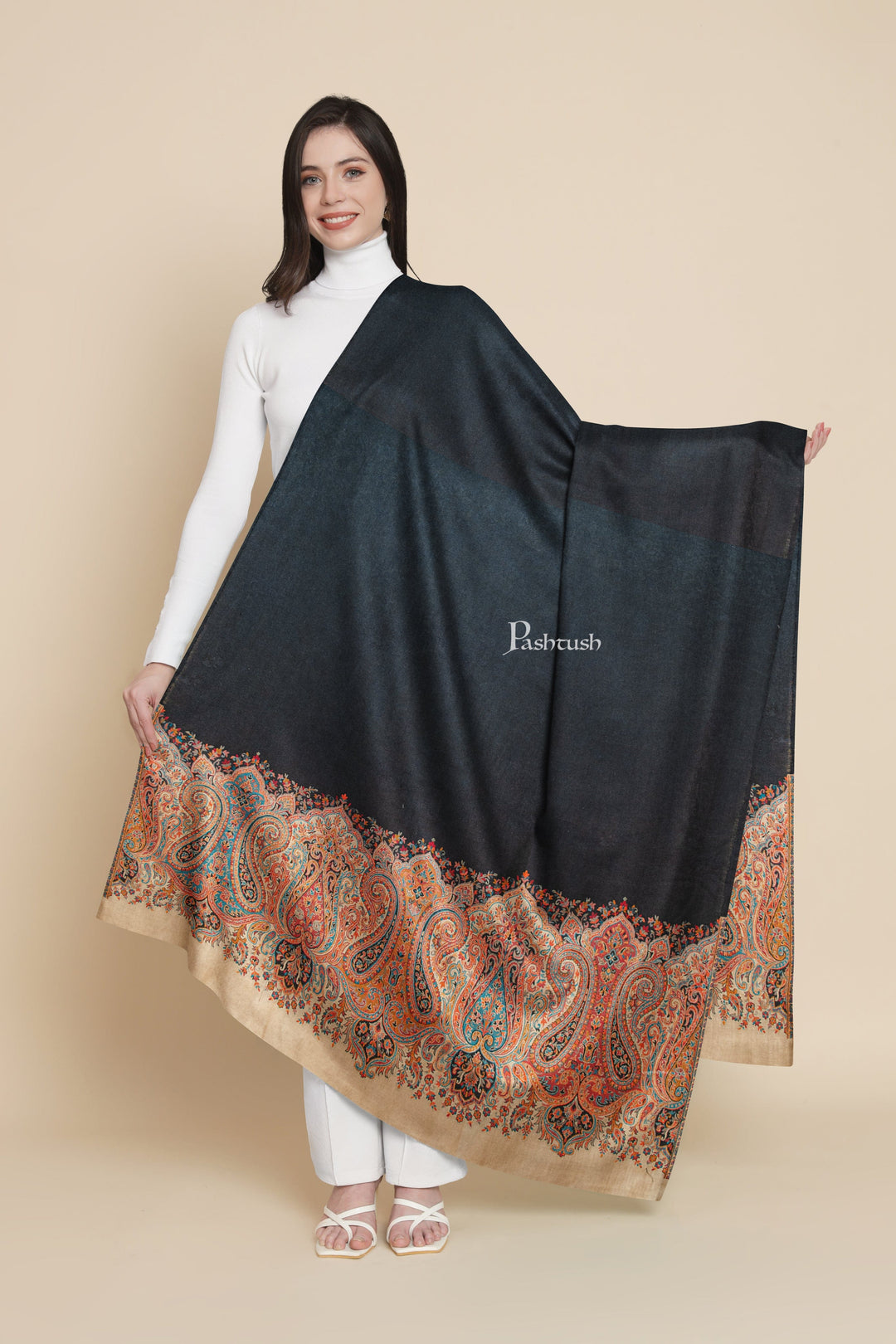 Pashtush India Womens Shawls Pashtush Womens Faux Pashmina Shawl, Ethnic Weave Design, Black And Beige
