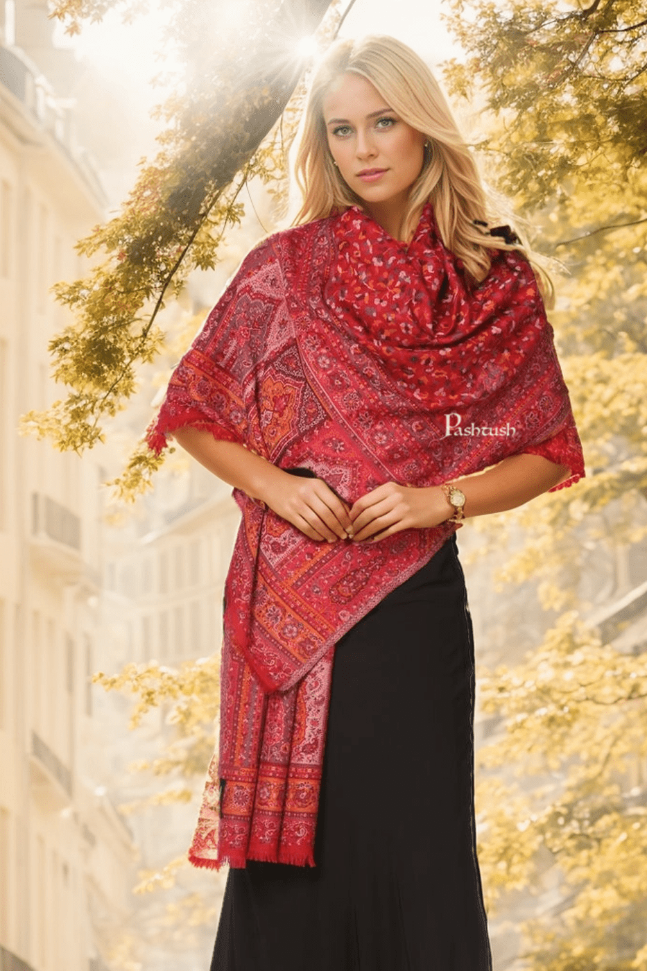 Pashtush Womens Faux Pashmina Stole, Ethnic Weave Design, Maroon