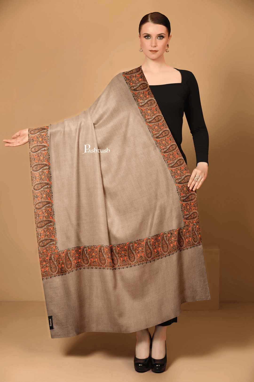Pashtush India Womens Shawls Pashtush Womens Fine Wool Shawl, Kashmiri Embroidery, Challa Daur With Metallic Border Design, Taupe