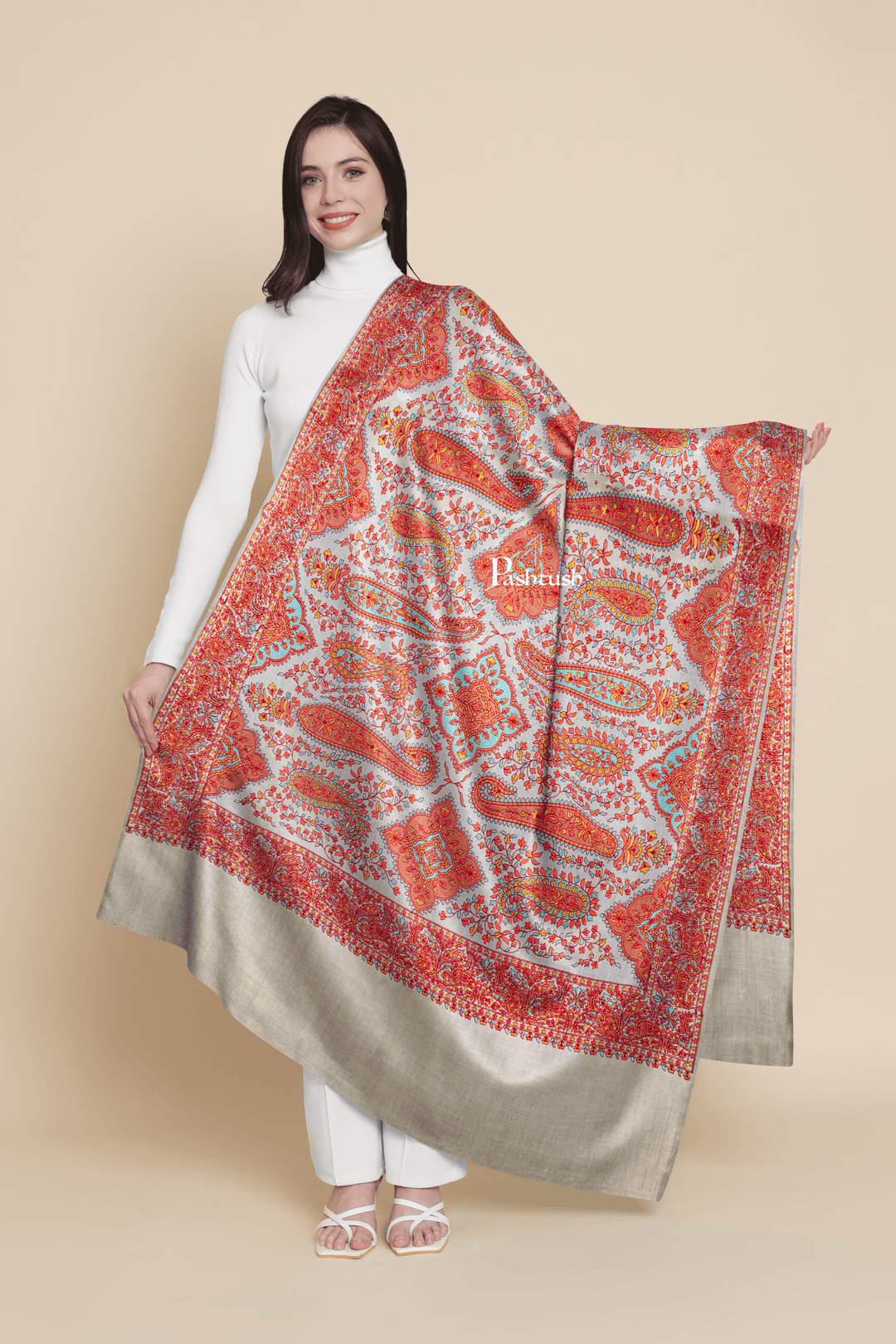 Pashtush India Womens Shawls Pashtush Womens Fine Wool Shawl, Papier Mache Embroidery, Kashmiri Jaal Design, Beige
