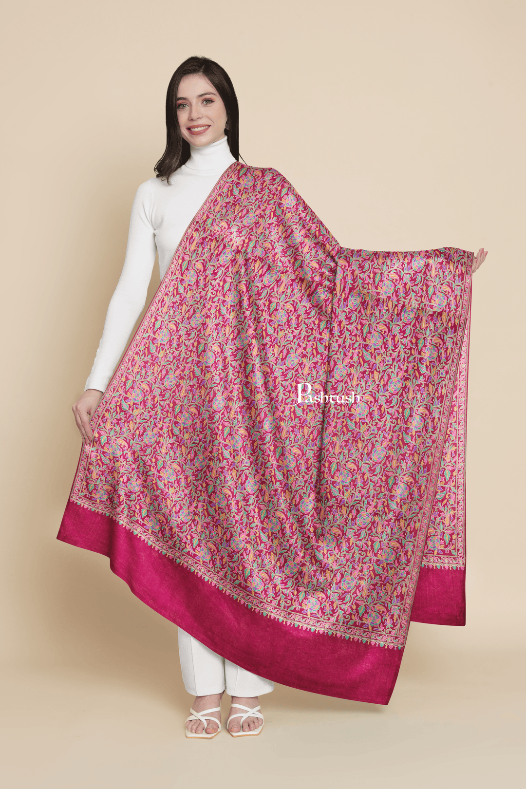 Pashtush India Womens Shawls Pashtush Womens Fine Wool Shawl, Papier Mache Embroidery, Kashmiri Jaal Design, Maroon