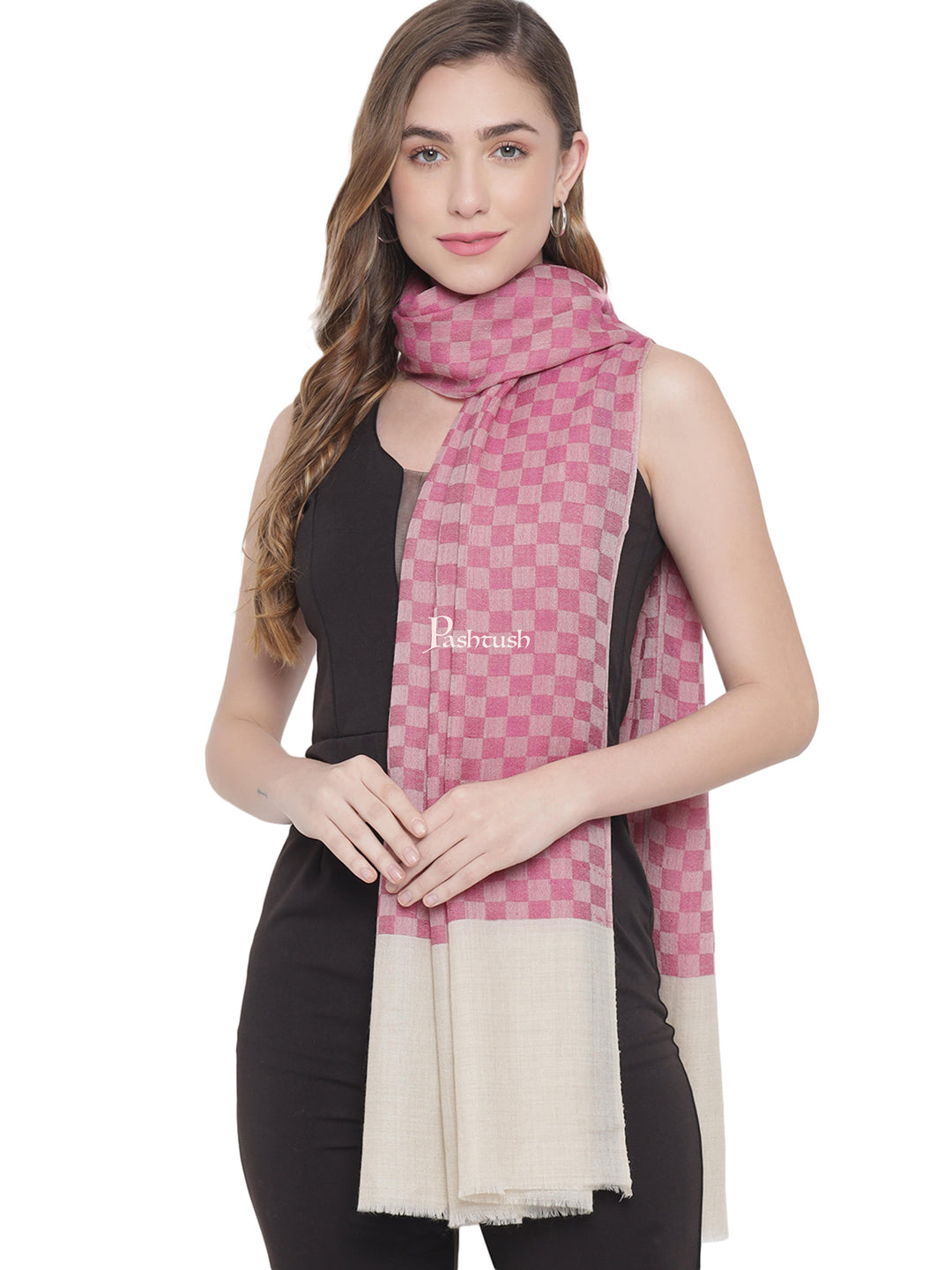 Pashtush India Womens Stoles and Scarves Scarf Pashtush Womens Self Stole, Fine Wool, Checkered Weave, Soft and Warm, Pink