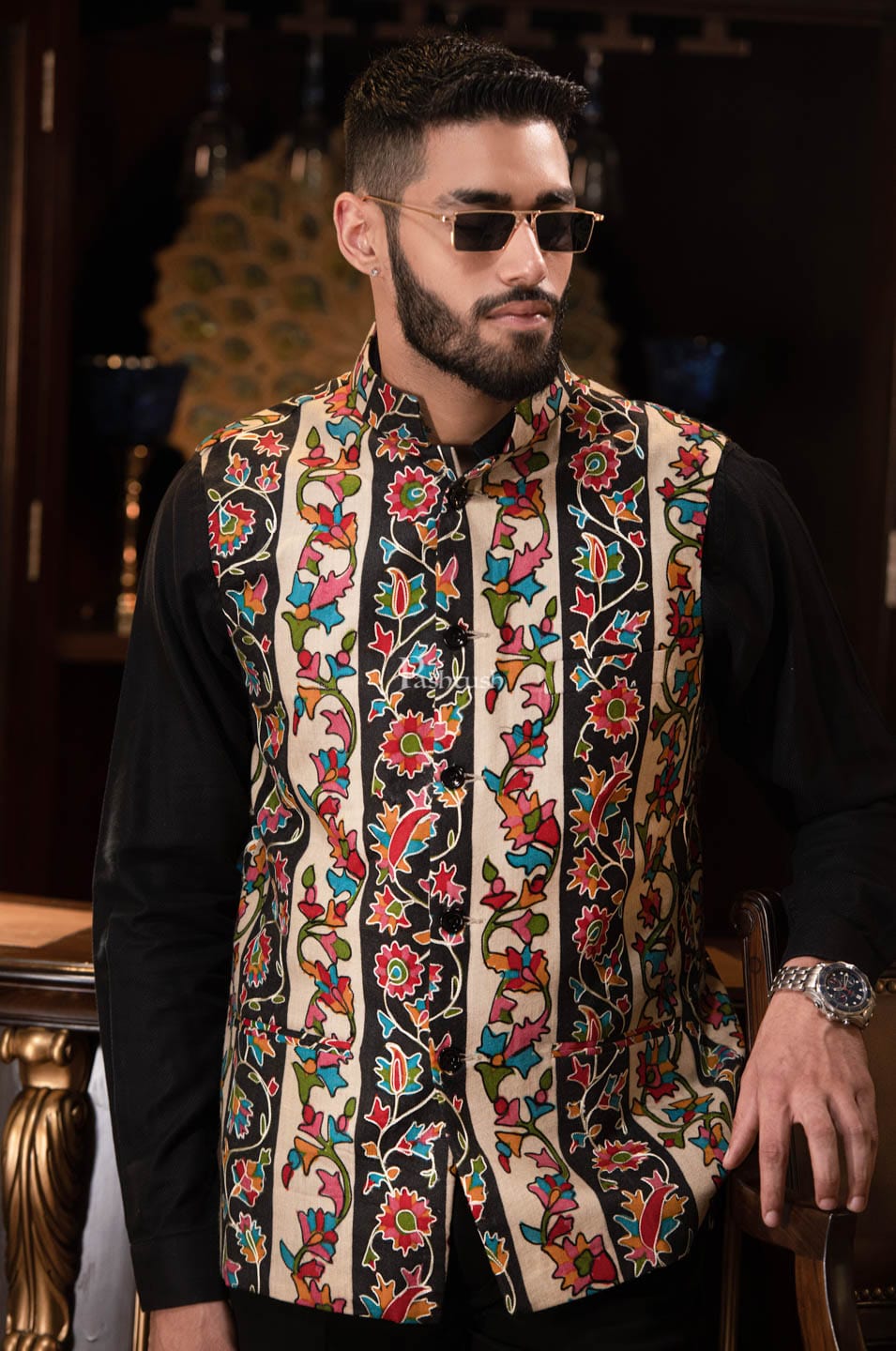 Pashtush Mens Hand Embroidered Sleeveless Jacket, Kalamkari Waistcoat, Multicolour
