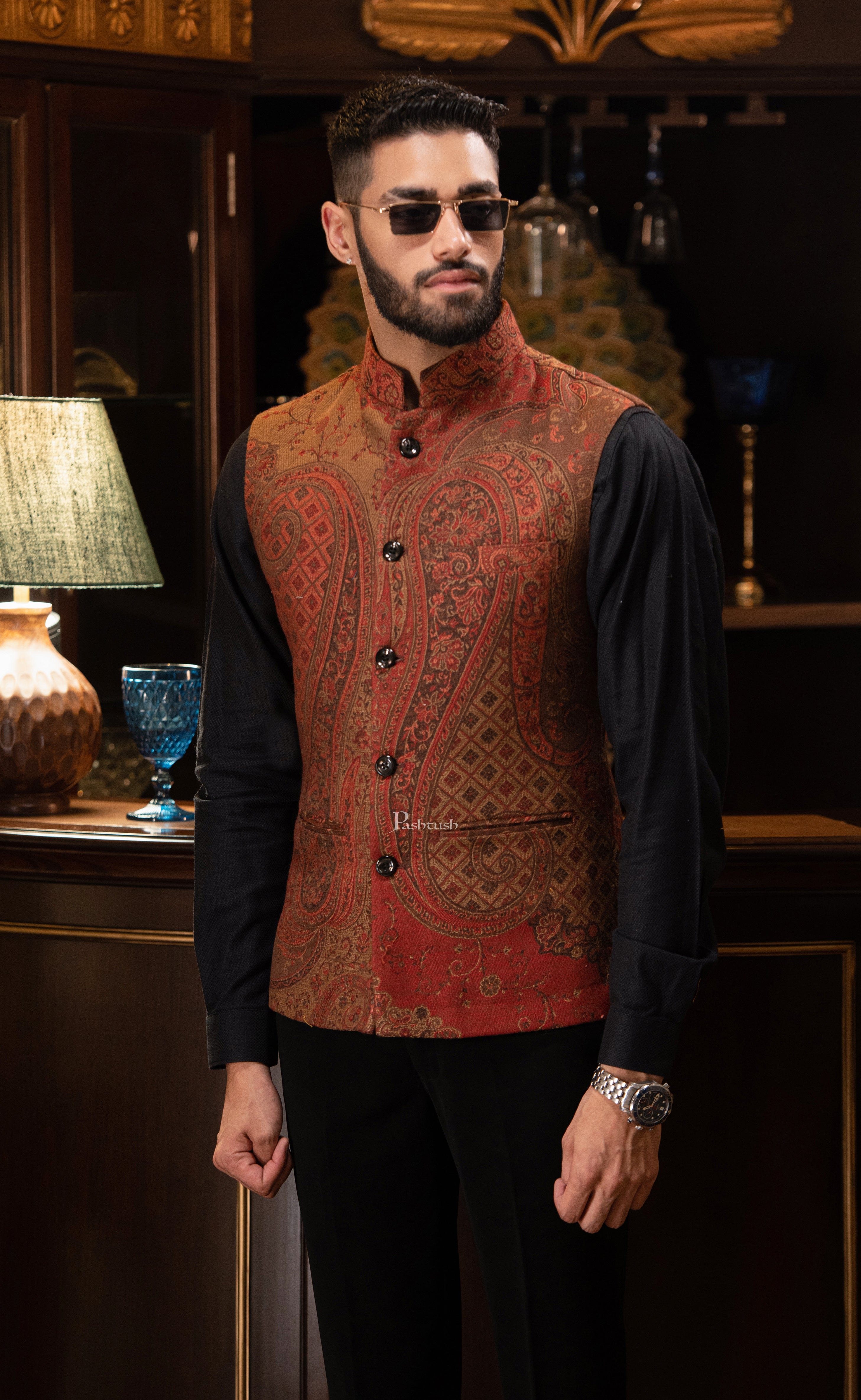 PASHTUSH MENS WOVEN JACQUARD WAISTCOAT, Structured SLIM FIT, Brown