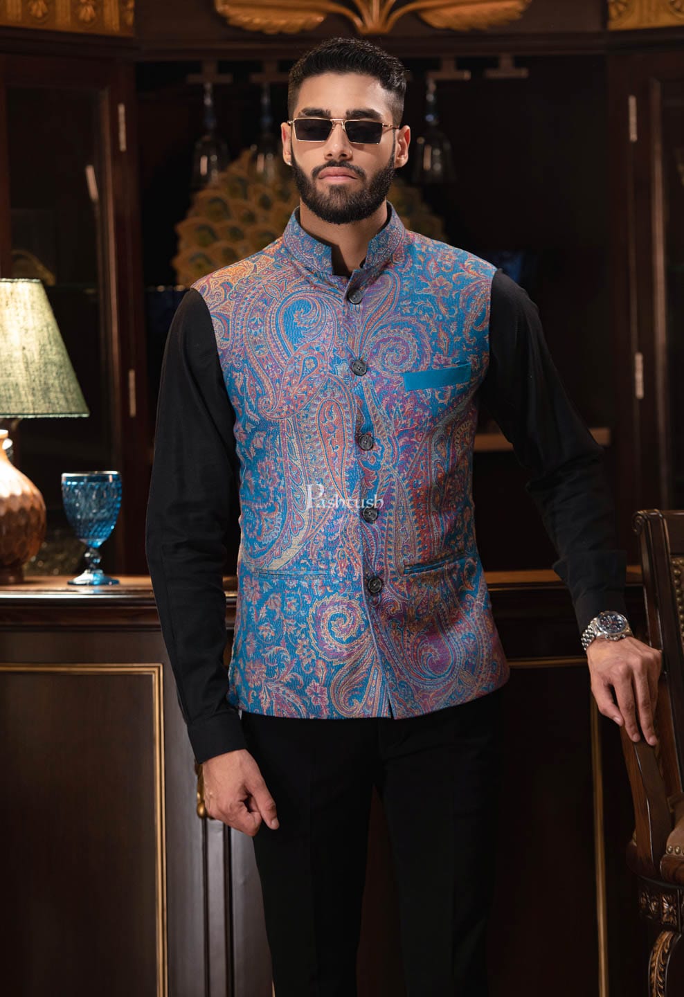 PASHTUSH MENS WOVEN JACQUARD WAISTCOAT, Structured SLIM FIT