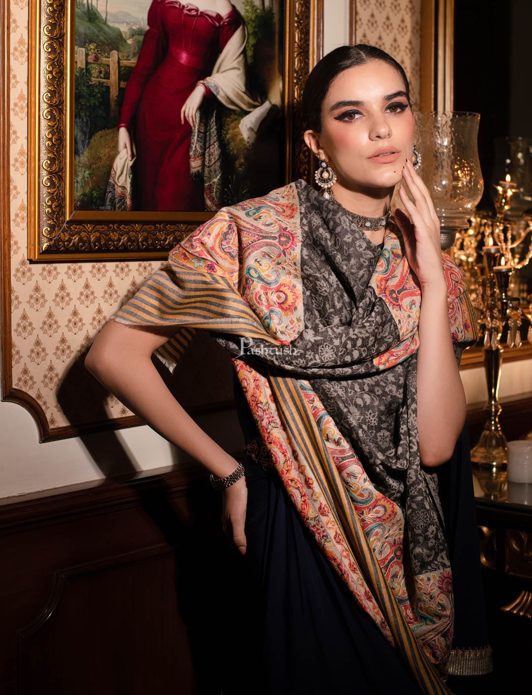 Pashtush India Womens Shawls Pashtush womens Extra Fine Wool shawl, With Embroidered Ethnic Palla design, Black