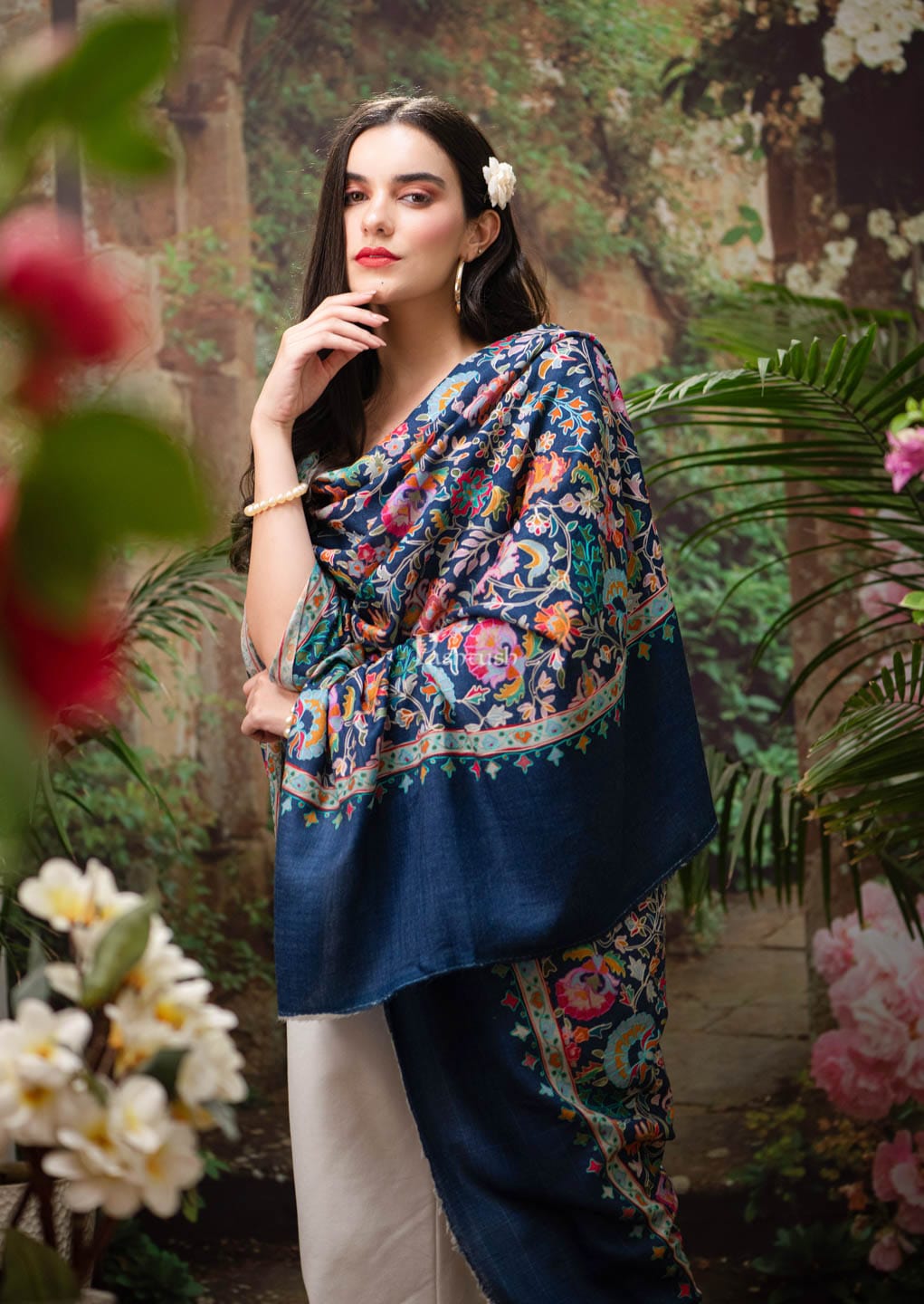 Pashtush womens Fine Wool shawl, Kalamkari design, Navy Blue