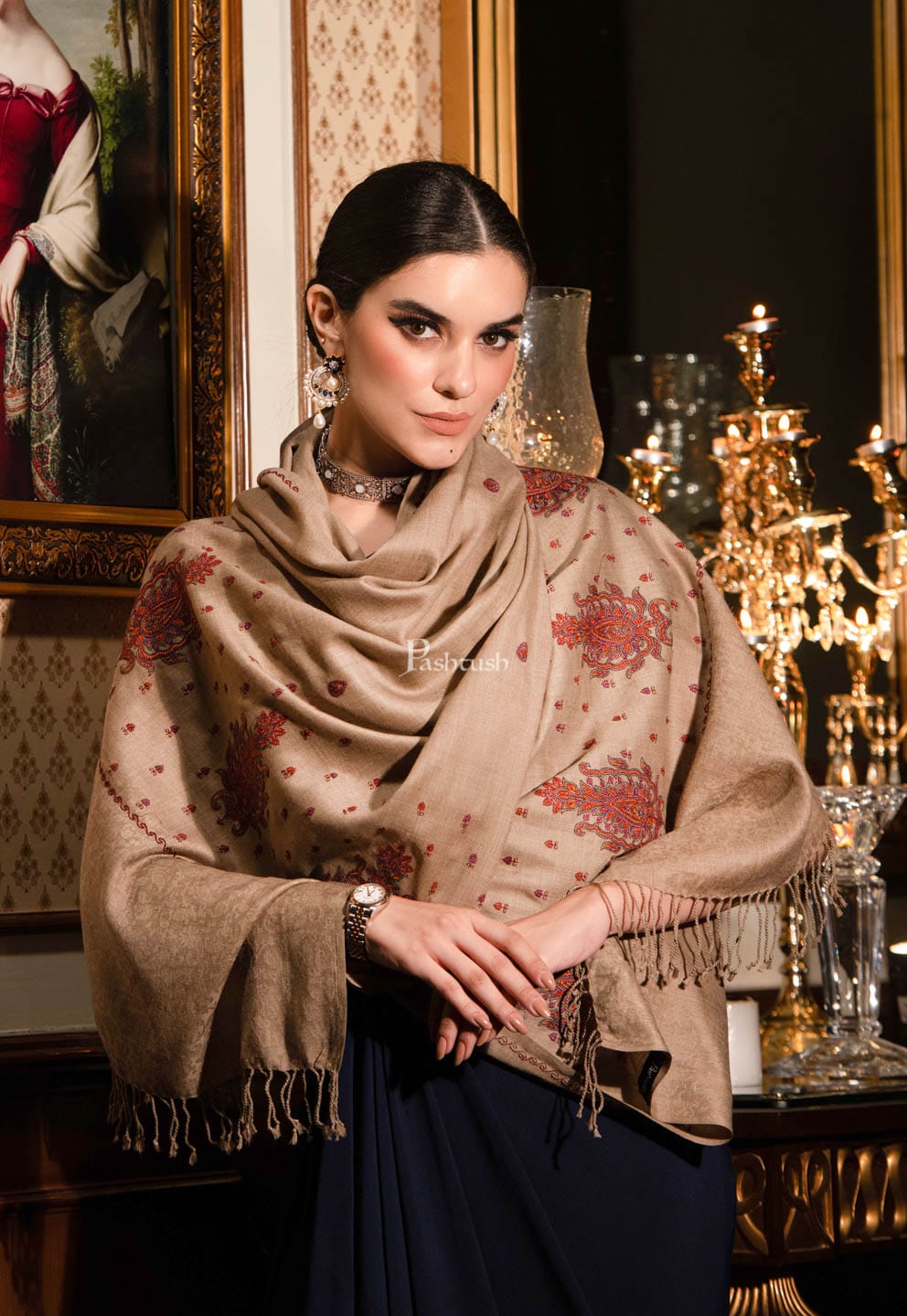 Pashtush womens Fine Wool Stole, Kashmiri Booti Embroidery Needlework design, Beige