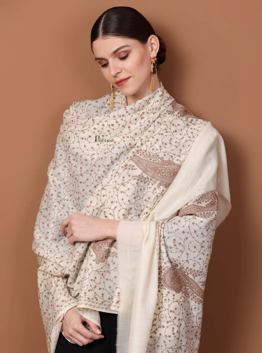 Pashtush Shawl Store Shawl Pashtush Womens Shawl with Tone on Tone Embroidery, Soft Warm, Light Weight Wool