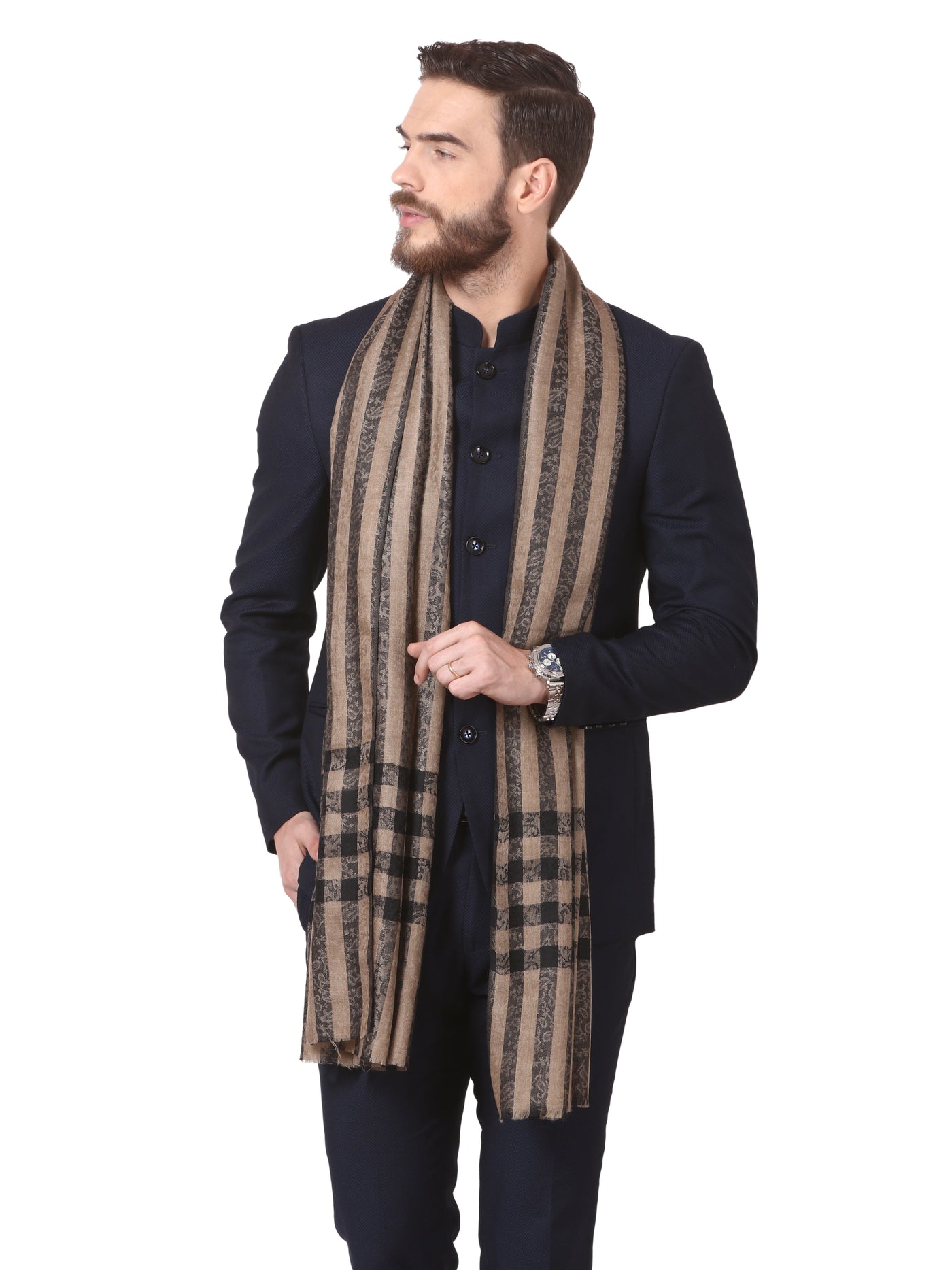 Pashtush Mens Checkered Scarf, With Metallic Thread Weave, Black