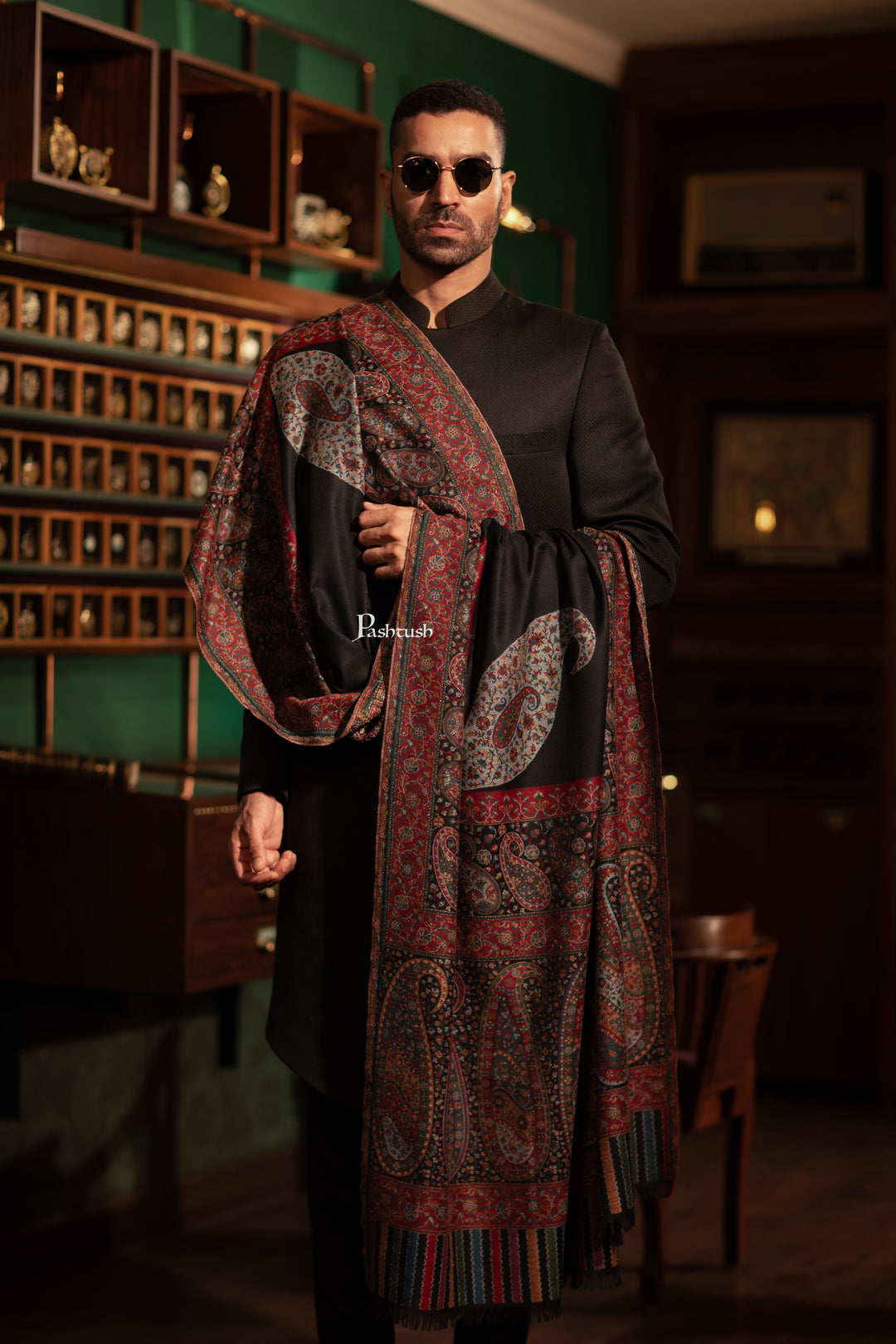 Pashtush His and Her Gift Set of Mens Fine Wool Shawl and Womens Pure Wool Shawl, Black, Packaged in Keepsake Wooden Chester Gift Box