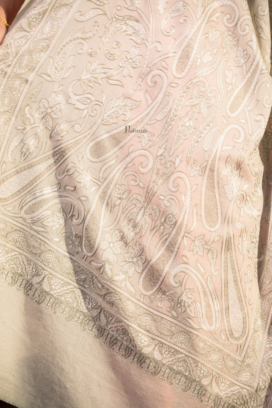 Pashtush Womens Extra Fine Wool Stole, Paisley Embroidery Design, Ivory