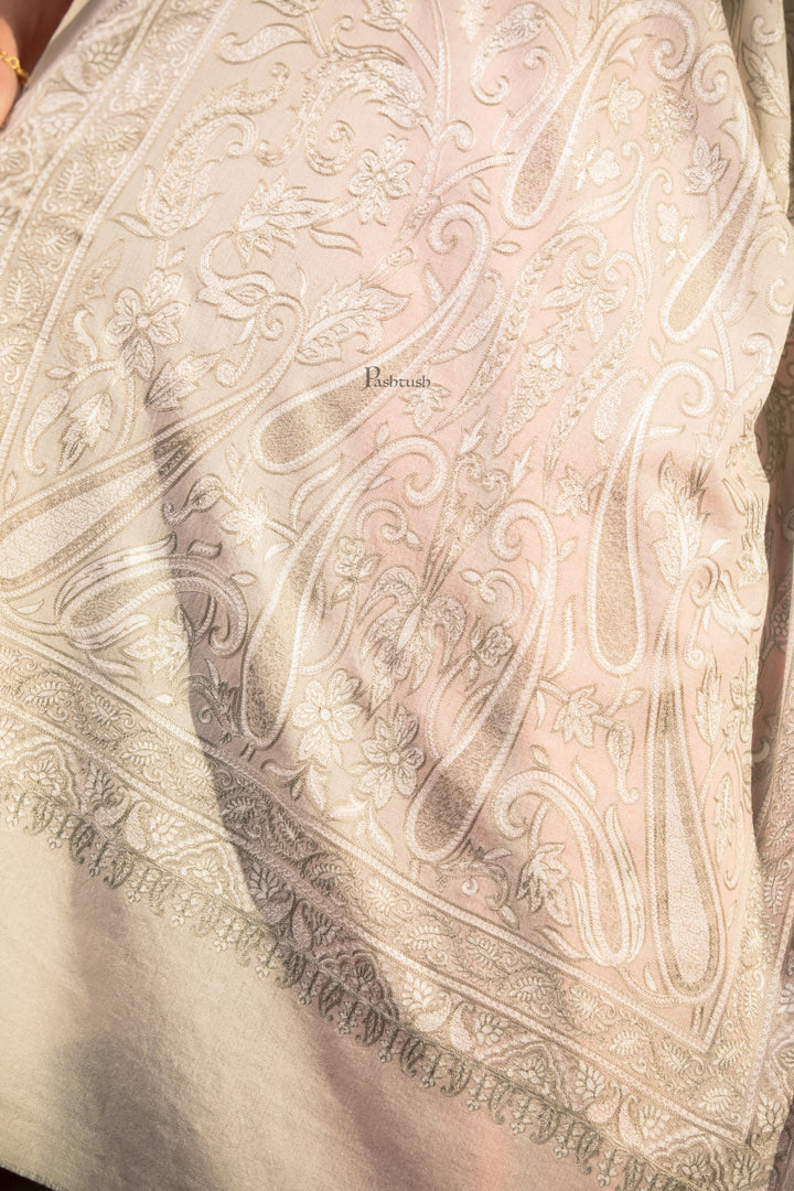 Pashtush Womens Extra Fine Wool Stole, Paisley Embroidery Design, Ivory