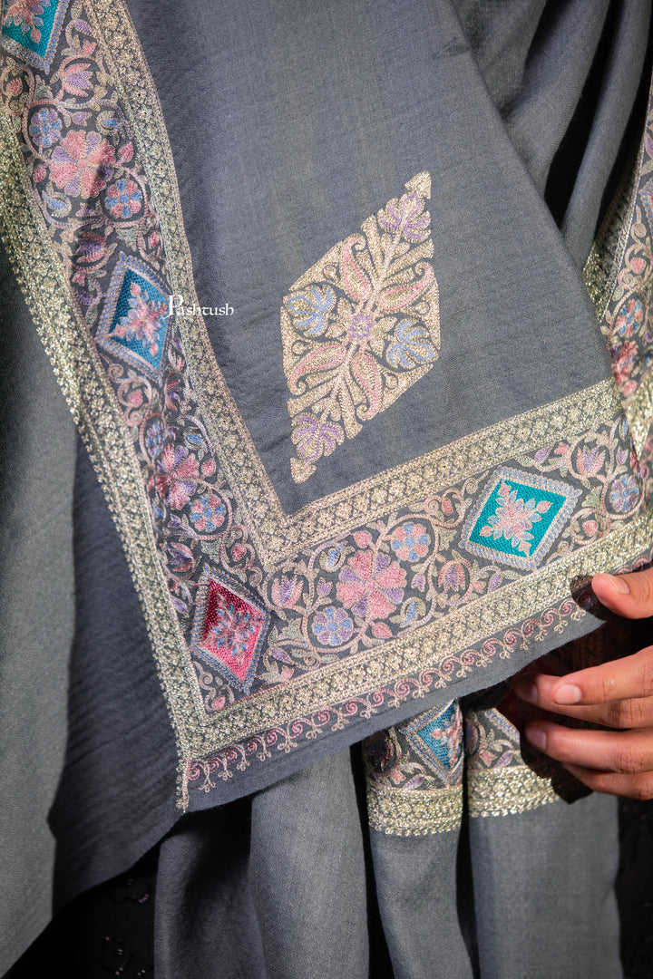 Pashtush Mens Extra Fine Wool Stole, Border Tilla Work, Grey