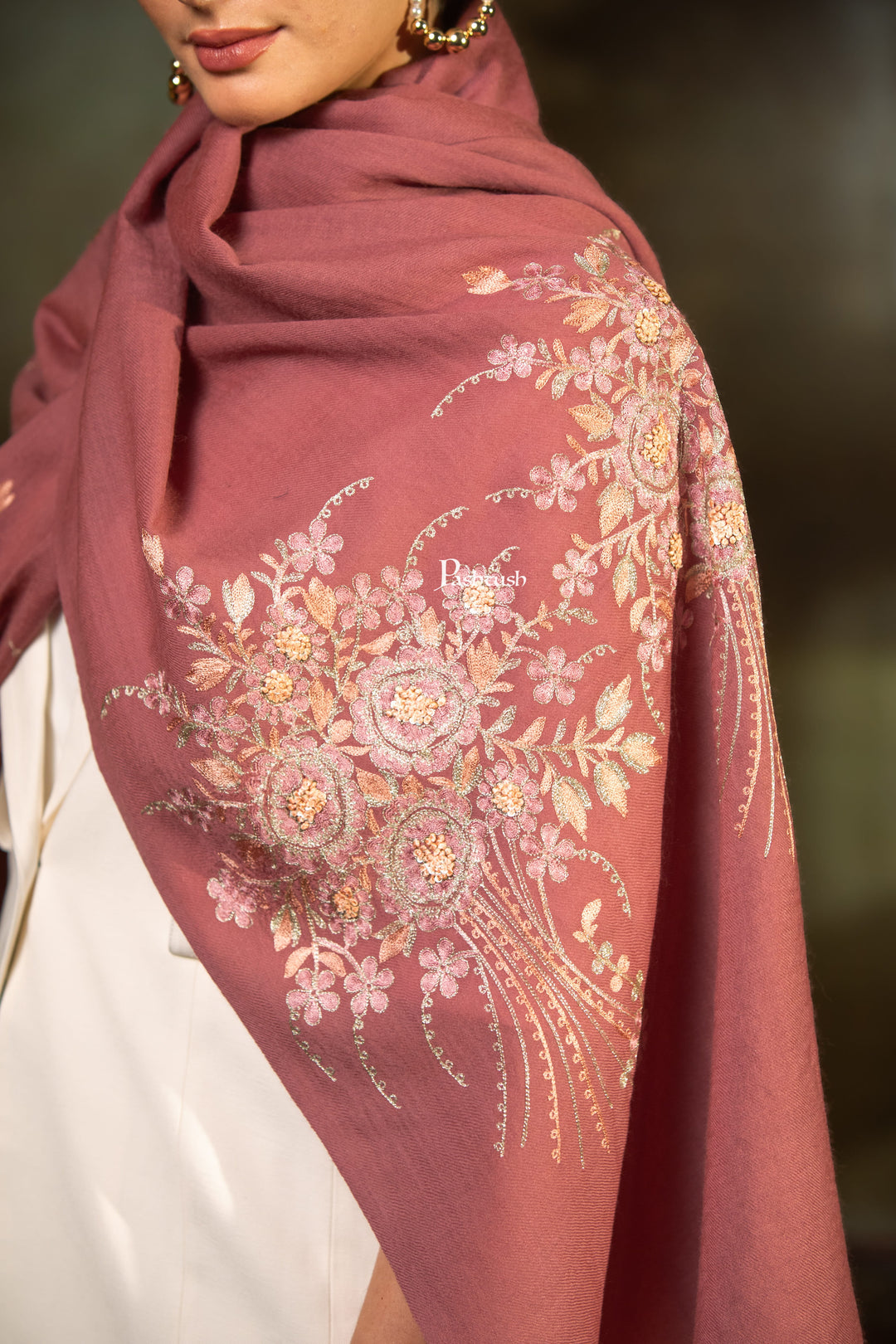 Pashtush Womens Extra Fine Wool Stole, Floral Embroidery Design, Pink