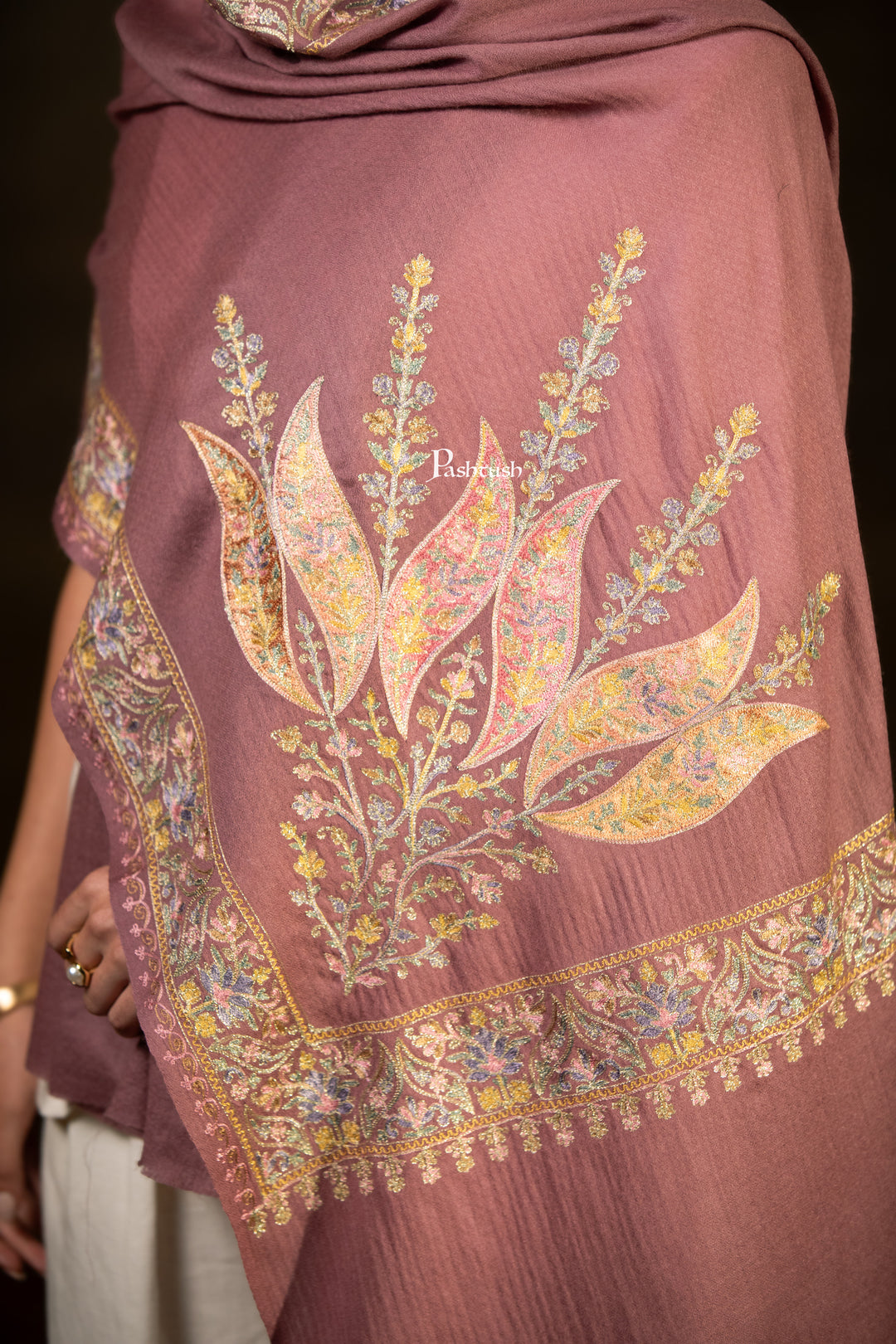 Pashtush Womens Extra Fine Wool Stole, Floral Embroidery Design, Peel Lilac