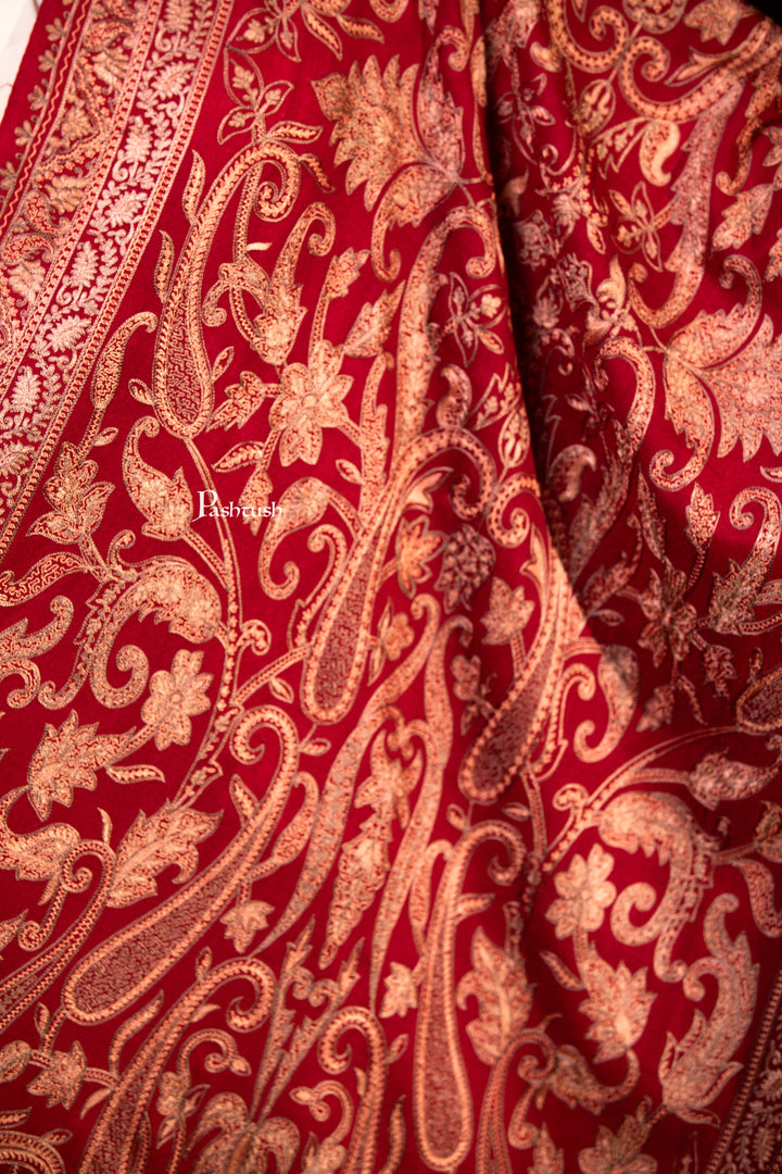 Pashtush Womens Extra Fine Wool Stole, Paisley Embroidery Design, Maroon