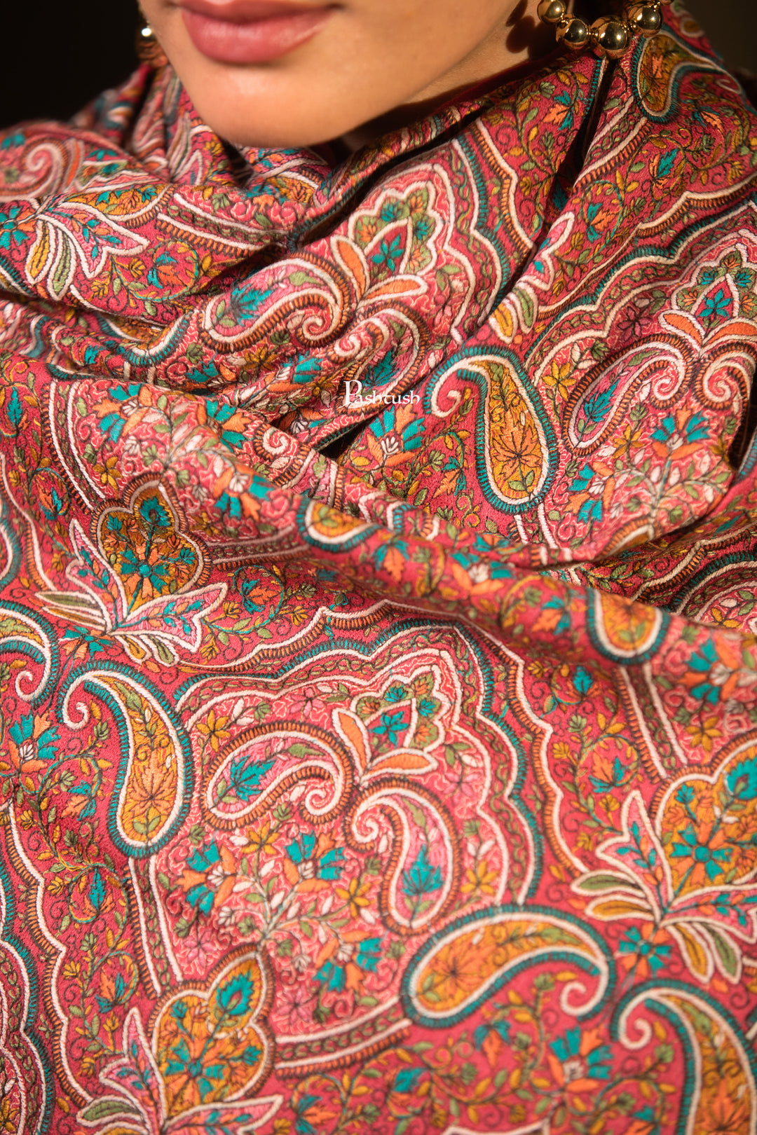 Pashtush Womens Extra Fine Wool Shawl, Paisley Embroidery Design, Dark Pink