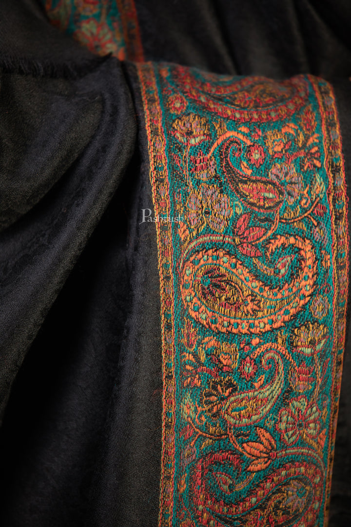 Pashtush Mens Extra Fine Wool Shawl, Ambi Border Design, Black