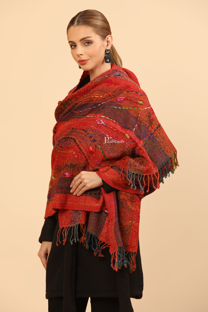Pashtush Womens Stole, Hand Embroidery with Woollen Thread, Soft and Warm, Crimson