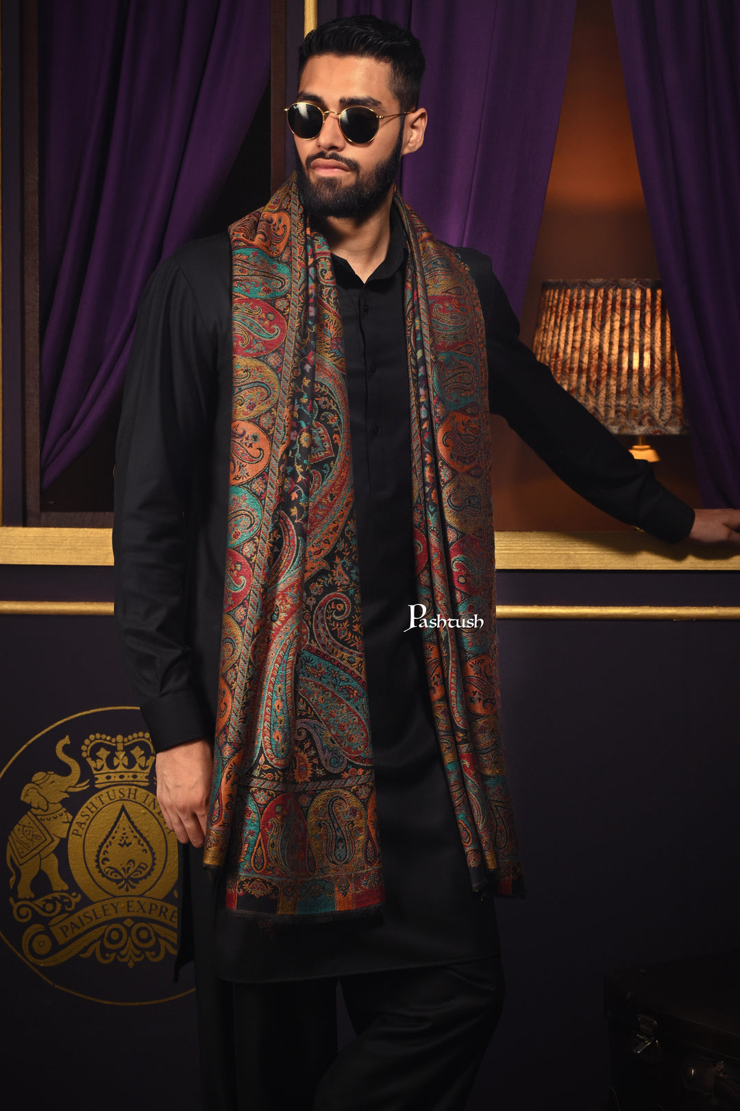 Pashtush Mens Fine Wool Stole, Woven Design, Rich Paisleys, Black