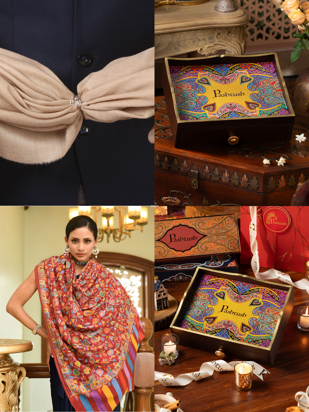 Pashtush His and Her Gift Set of Extra Fine Wool Shawls, Beige and Multicolour, Packaged in Keepsake Wooden Chester Gift Box