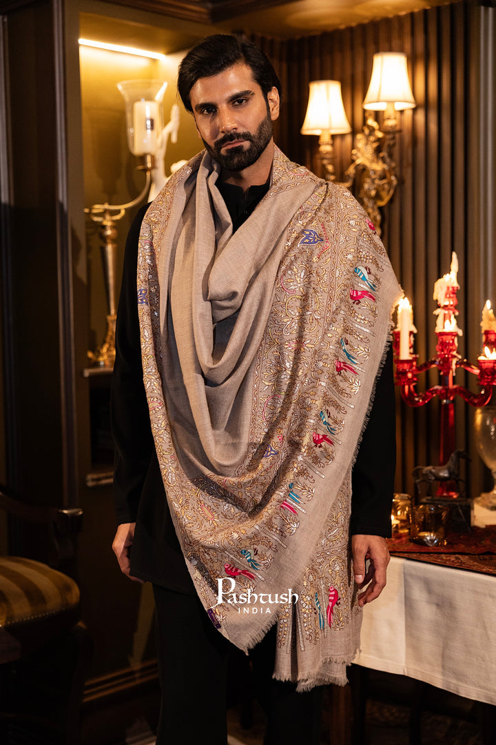 Pashtush Men's Pashmina Shawl, Kashmiri Tilla Work, Handloom, Medium Size, taupe