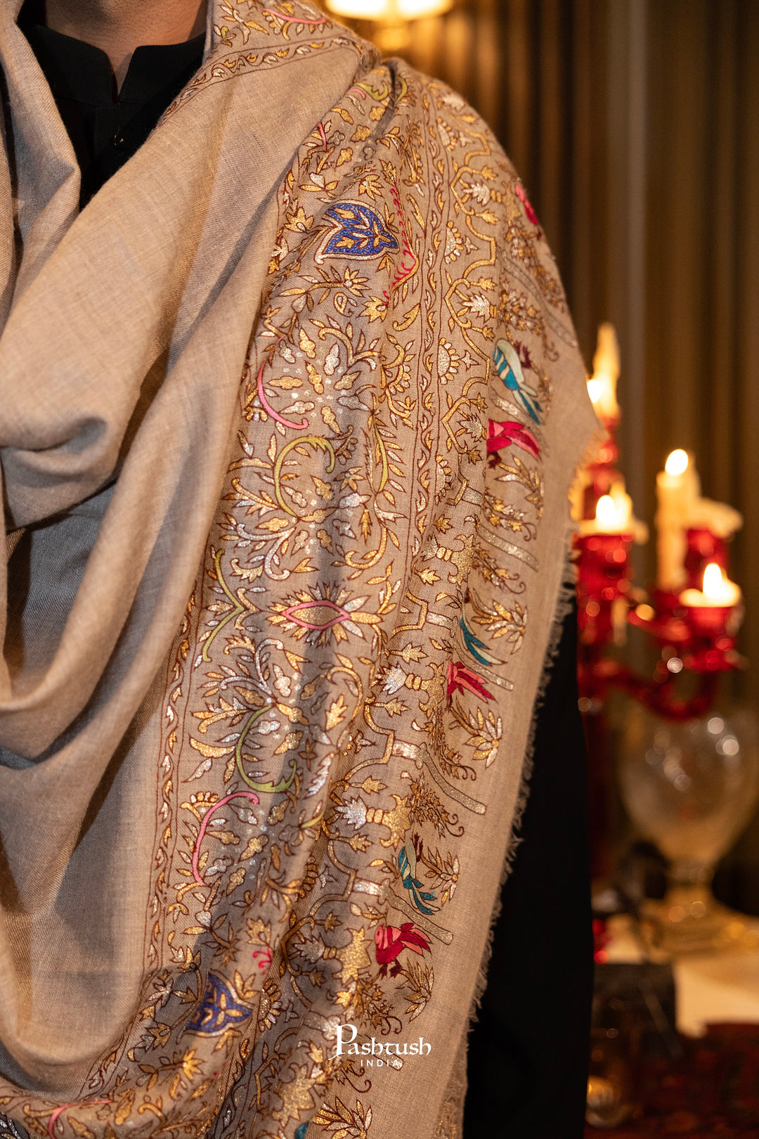 Pashtush Men's Pashmina Shawl, Kashmiri Tilla Work, Handloom, Medium Size, taupe