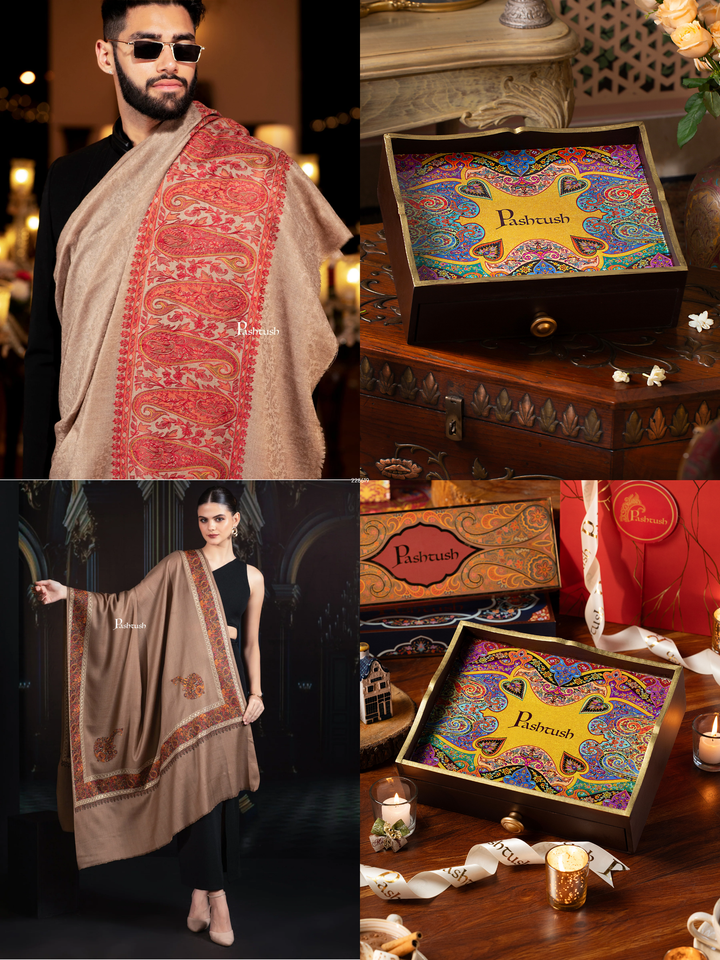 Pashtush His and Her Gift Set of Mens Palla Embroidery Shawl and Womens Fine Wool Tilla Border Shawls, Taupe, Packaged in Keepsake Wooden Chester Gift Box