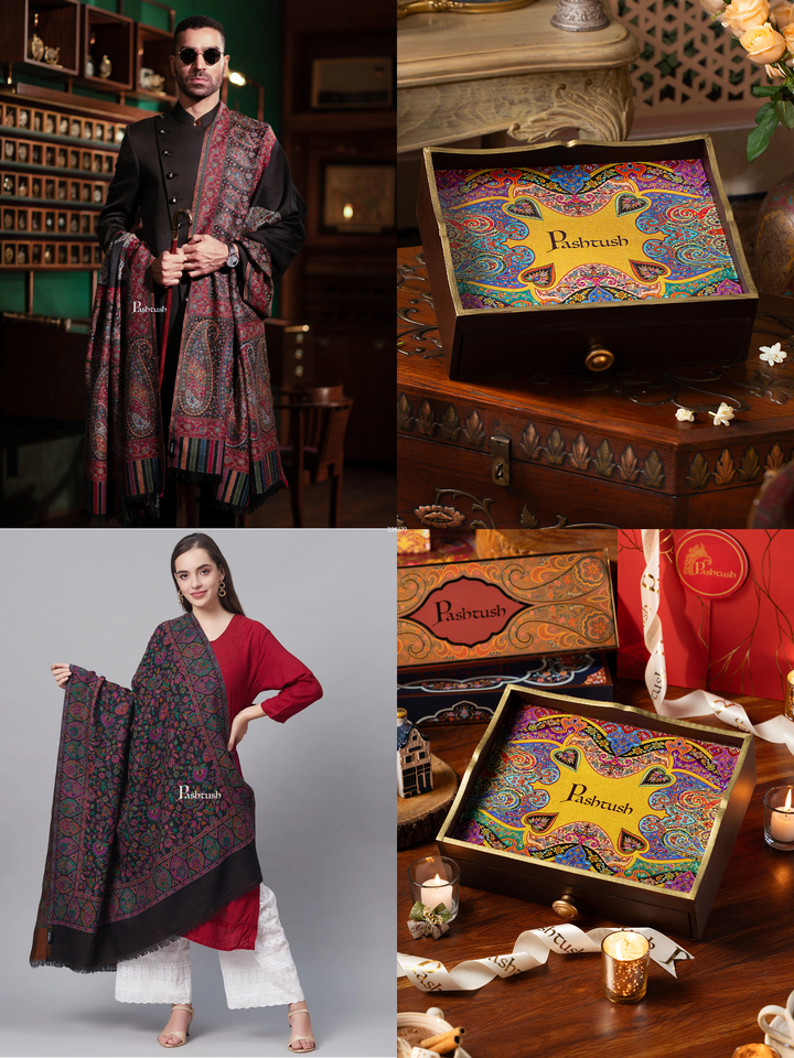Pashtush His and Her Gift Set of Mens Fine Wool Shawl and Womens Pure Wool Shawl, Black, Packaged in Keepsake Wooden Chester Gift Box
