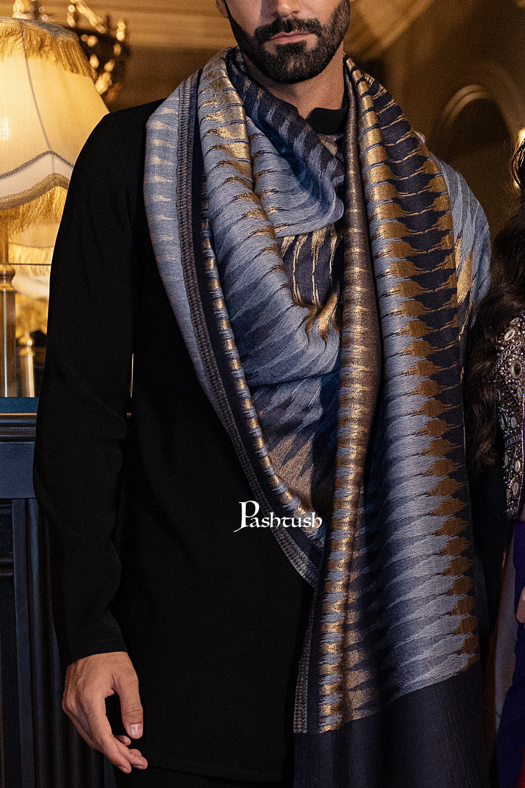 Pashtush Mens Twilight Collection Stole, Striped Design, Azure Blue