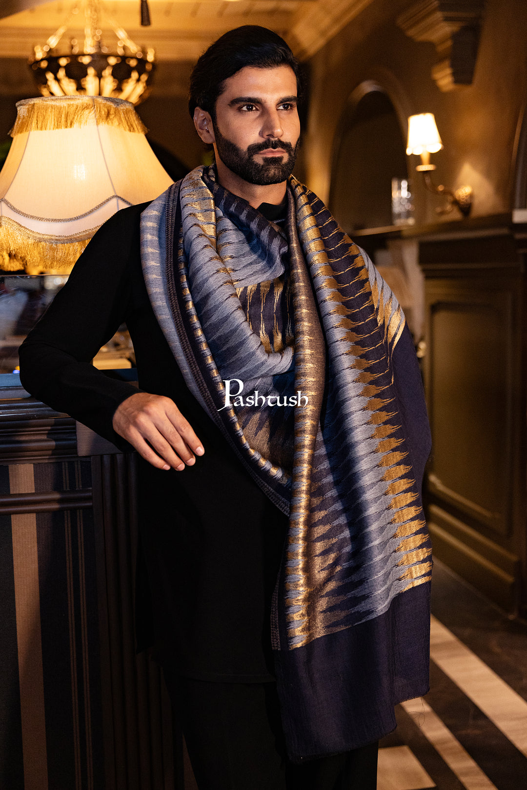 Pashtush Mens Twilight Collection Stole, Striped Design, Azure Blue
