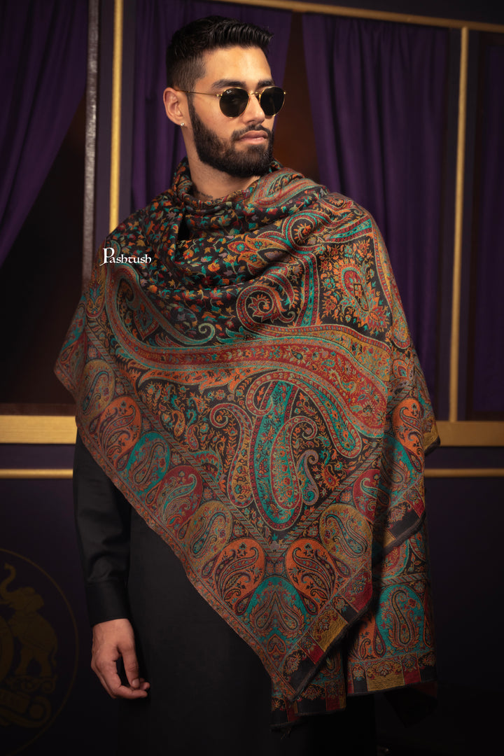 Pashtush Mens Fine Wool Stole, Woven Design, Rich Paisleys, Black