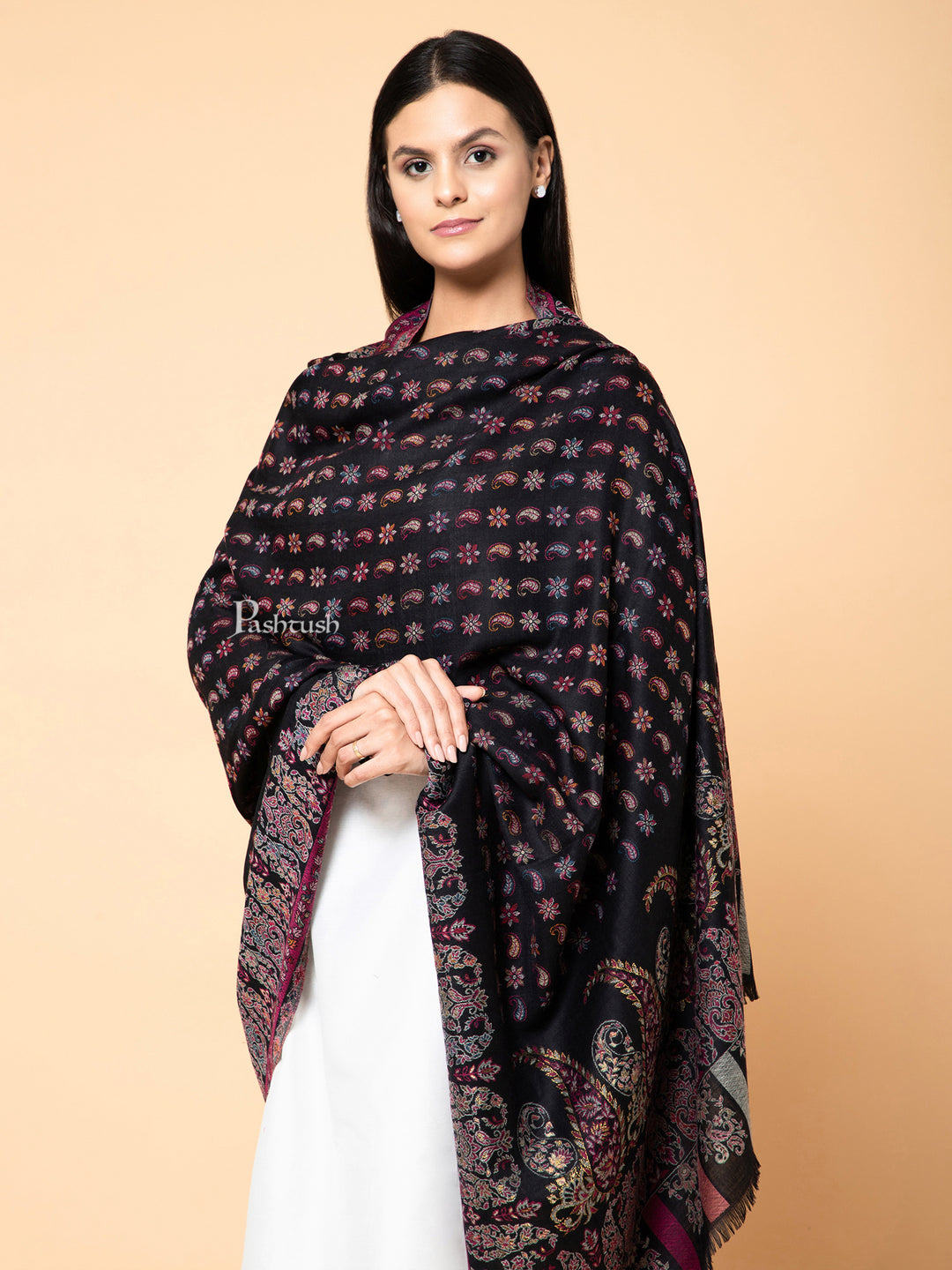 Pashtush Womens Faux Pashmina Stole, Ambi Palla Design, Black