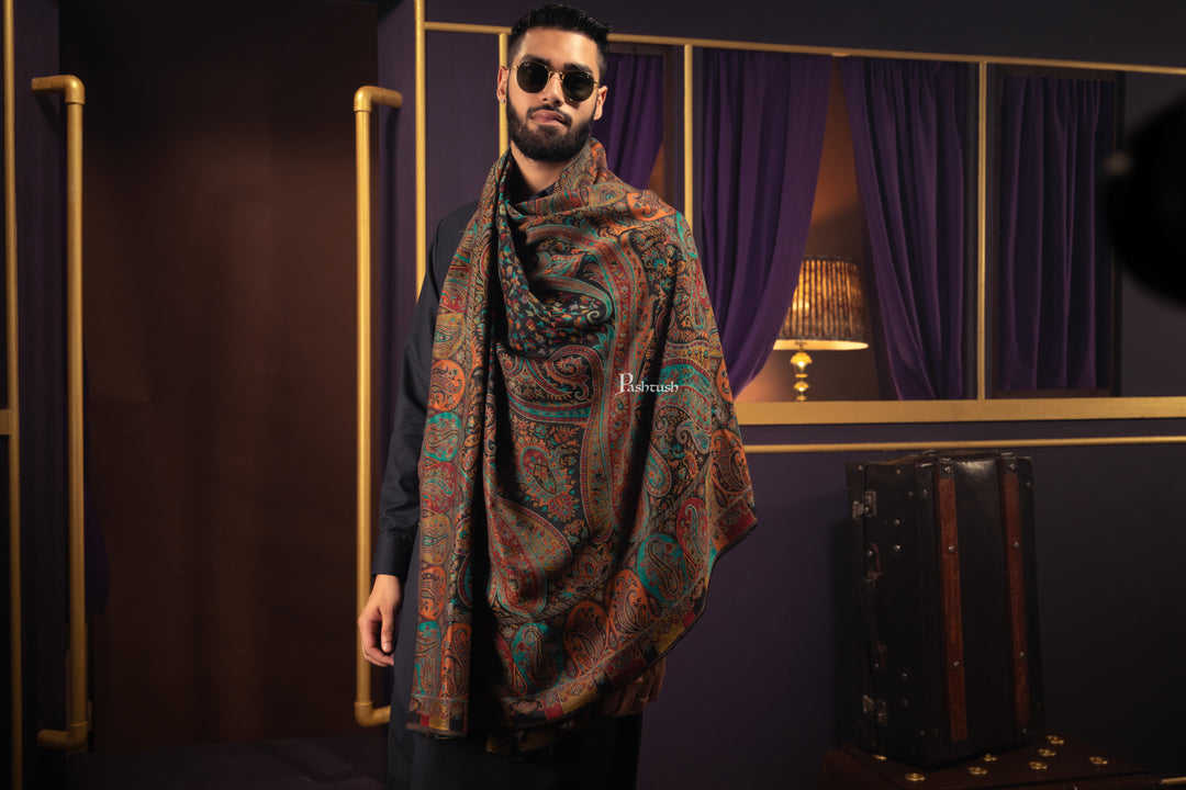 Pashtush Mens Fine Wool Stole, Woven Design, Rich Paisleys, Black