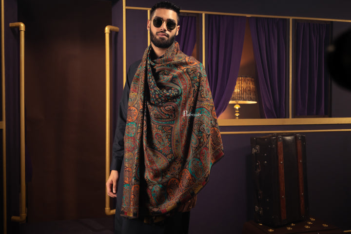 Pashtush Mens Fine Wool Stole, Woven Design, Rich Paisleys, Black