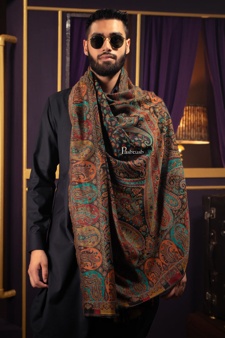 Pashtush Mens Fine Wool Stole, Woven Design, Rich Paisleys, Black