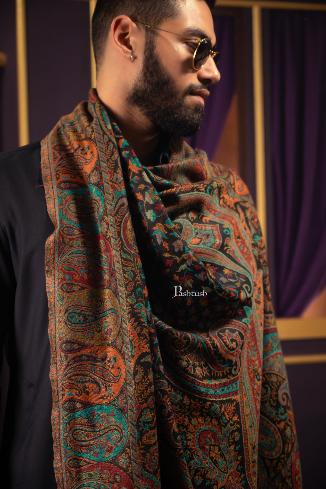 Pashtush Mens Fine Wool Stole, Woven Design, Rich Paisleys, Black