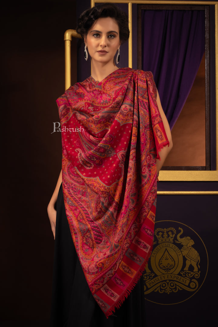 Pashtush His and Her Gift Set of Mens Extra Fine Wool Shawl and Womens Pure Wool Shawl, Beige and Red, Packaged in Keepsake Wooden Chester Gift Box