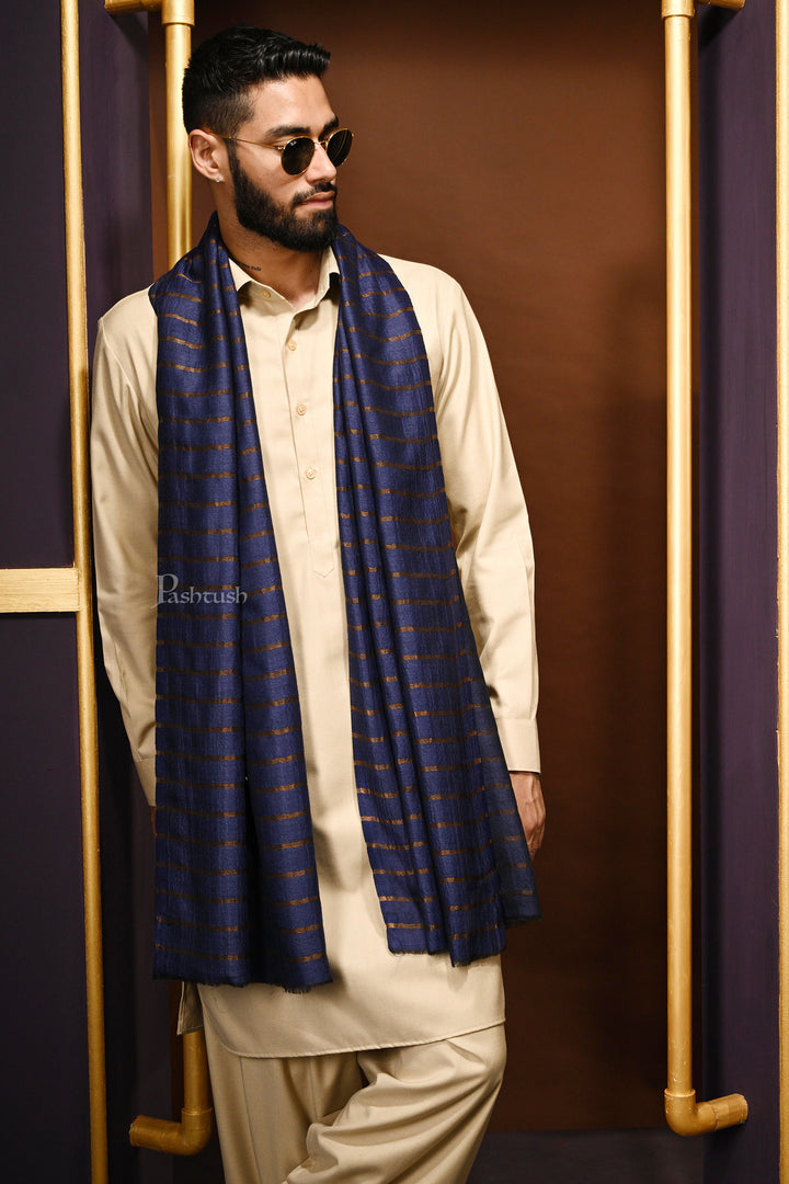 Pashtush Mens Twilight Collection, Striped Metallic Thread Weave, Fine Wool, Blue and golden